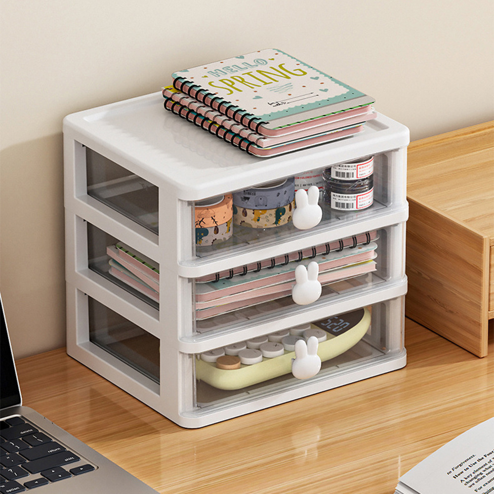 TEMU 1pc Rabbit-themed Transparent 3-layer Desktop Drawer Organizer | Multi-functional Plastic Storage Box For Stationery, Cosmetics & Accessories |