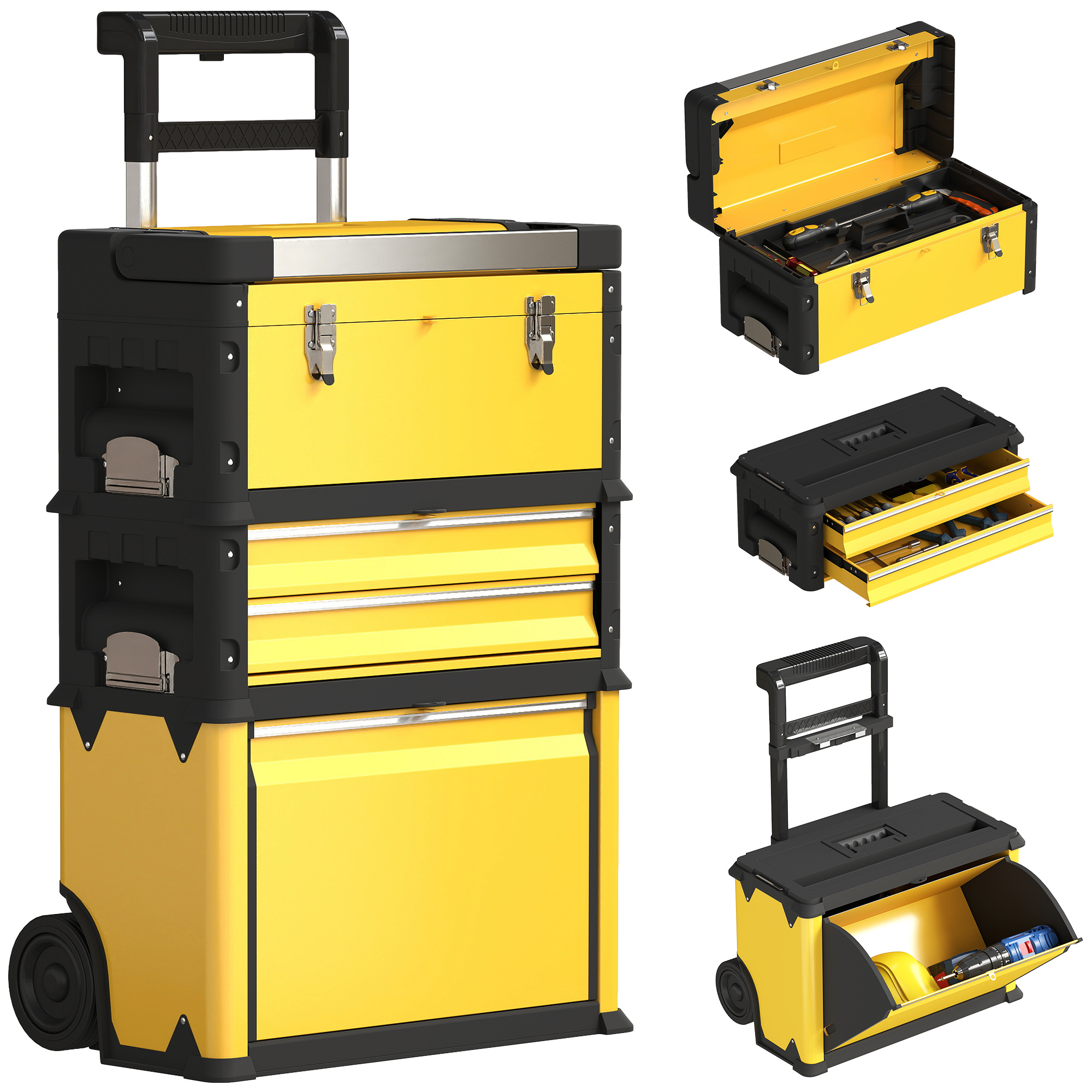 3-in-1 Stackable Mobile Tool Cart with  , Telescopic Handle, and   Tray