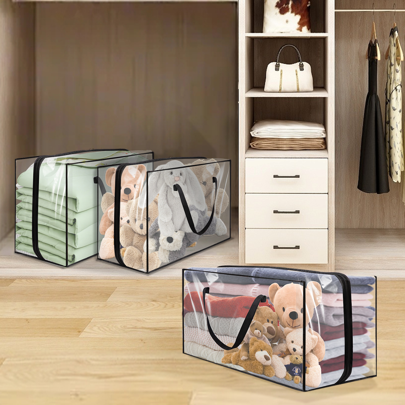 3/4 Pack Foldable Clothes Storage Bags with Handle, 40/60L