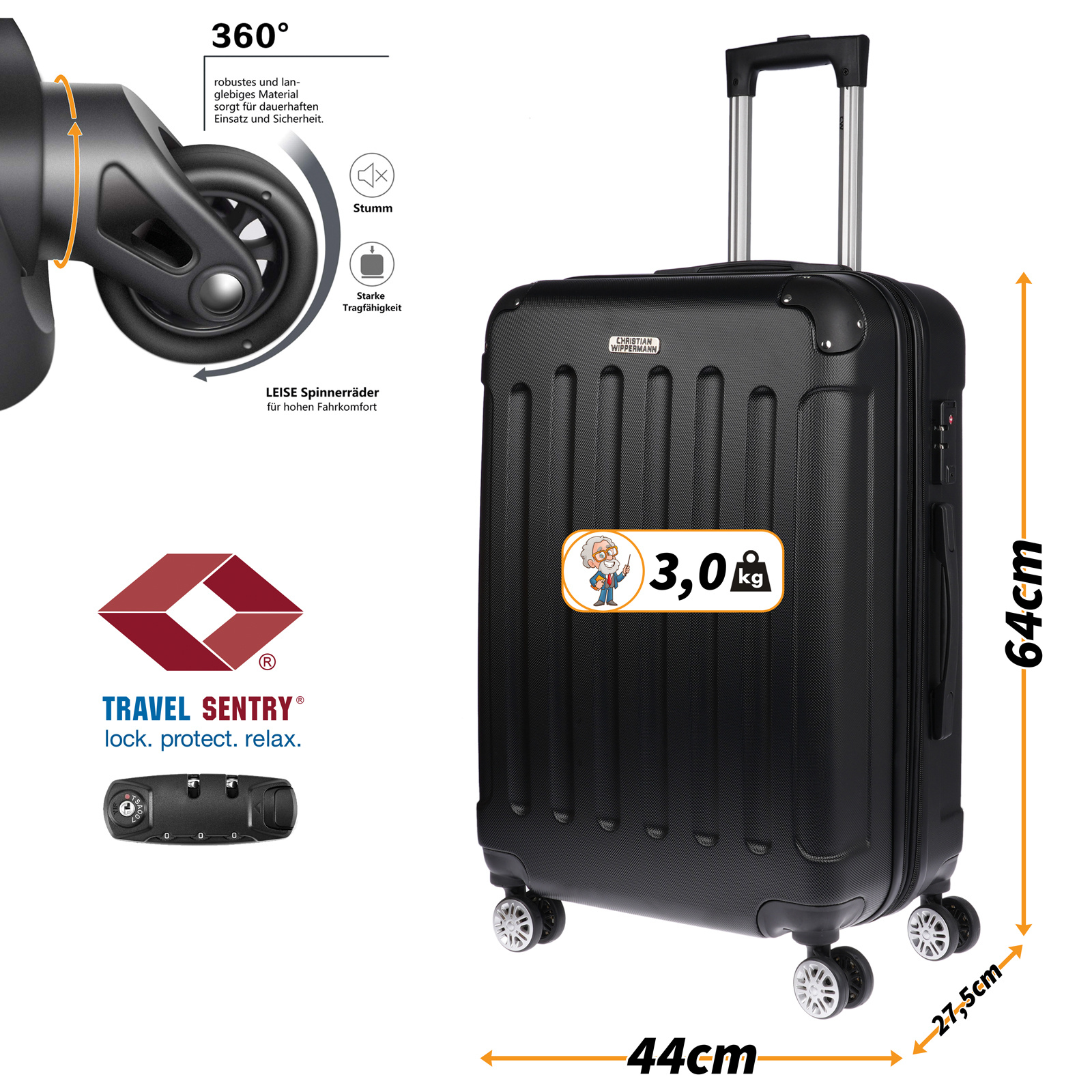 TEMU Christian Wippermann L Jumbo 4-Rollen Koffer groß 44x64x27,5 cm mit Dehnfuge mit TSA-Schloss über 90 Liter 2,9 kg leicht für Männer & Frauen
