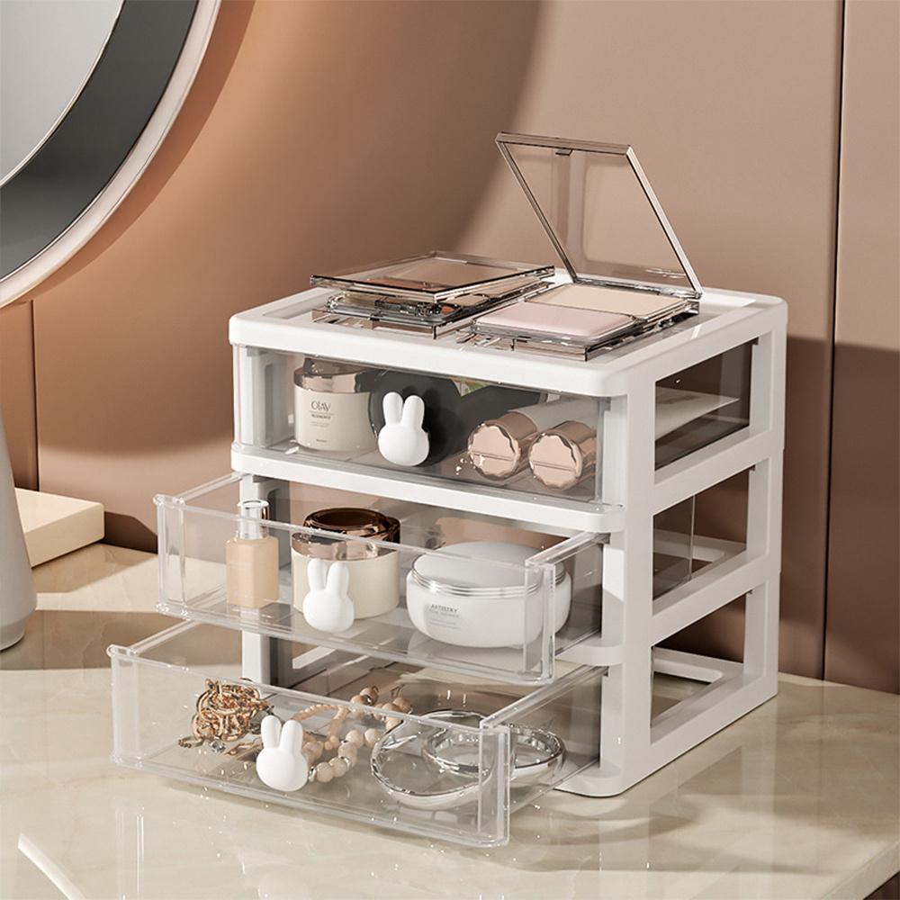 TEMU 1pc Rabbit-themed Transparent 3-layer Desktop Drawer Organizer | Multi-functional Plastic Storage Box For Stationery, Cosmetics & Accessories |