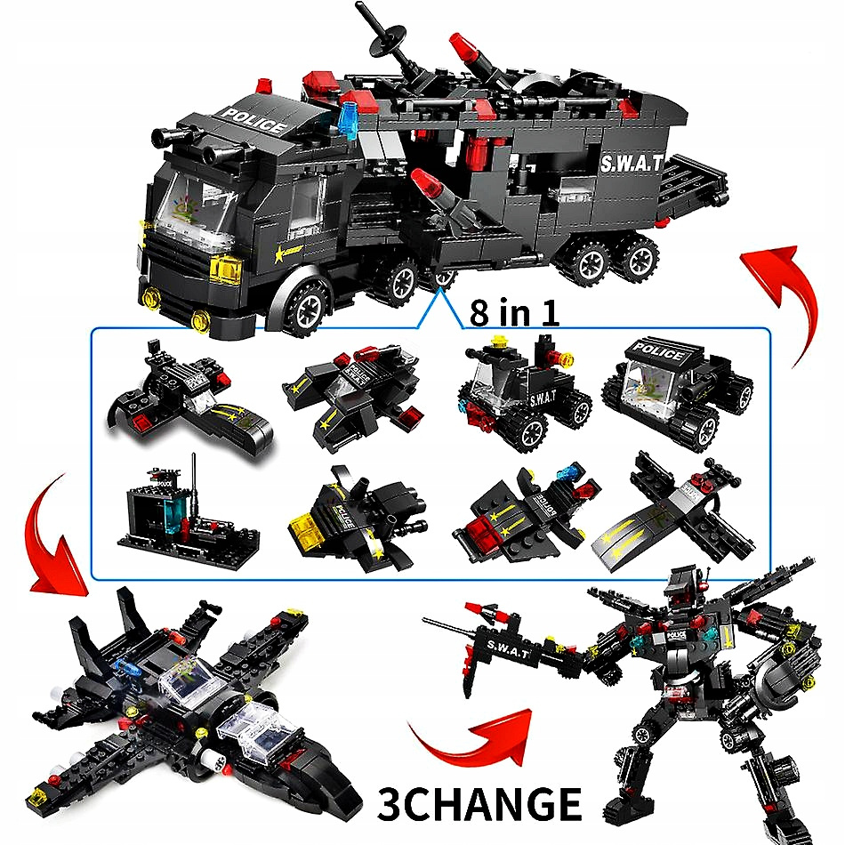 TEMU Ajieqaq 725pcs Building Blocks Swat Command Vehicle Assembly Blocks, Deformation Building Blocks Set, Suitable For Boys' Birthday Gifts, Holiday
