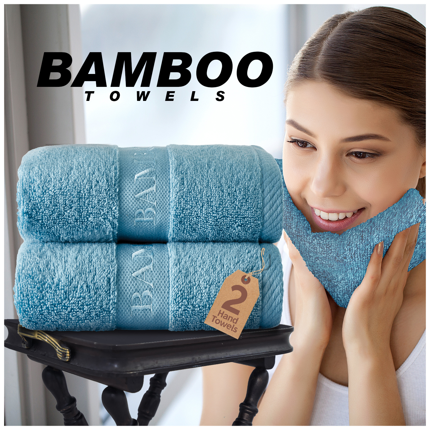 TEMU Luxury Bamboo Cotton Hand Towels 2-pack (50cm X 80cm) | Odour-free, Uv Resistant, Quick Drying Plush Texuture For Everyday | Ultra Soft &
