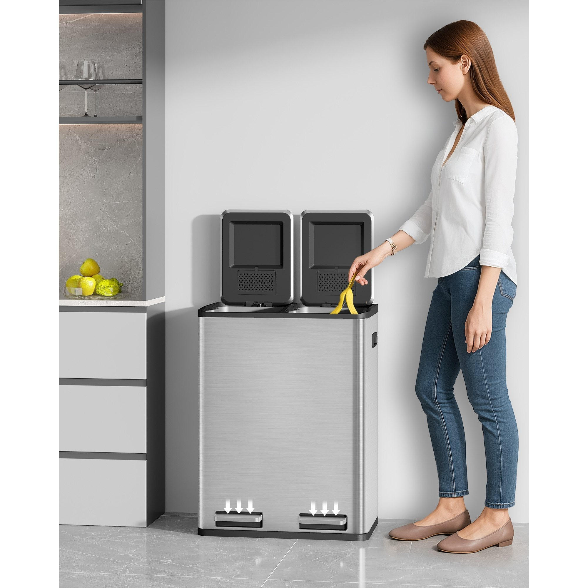 TEMU Kitchen Trash Can, 2-compartment 60l (2 X 30l) Separate Collection System, Stainless Steel Kitchen Trash Can, Pedal Trash Can, Slow And Silent ,