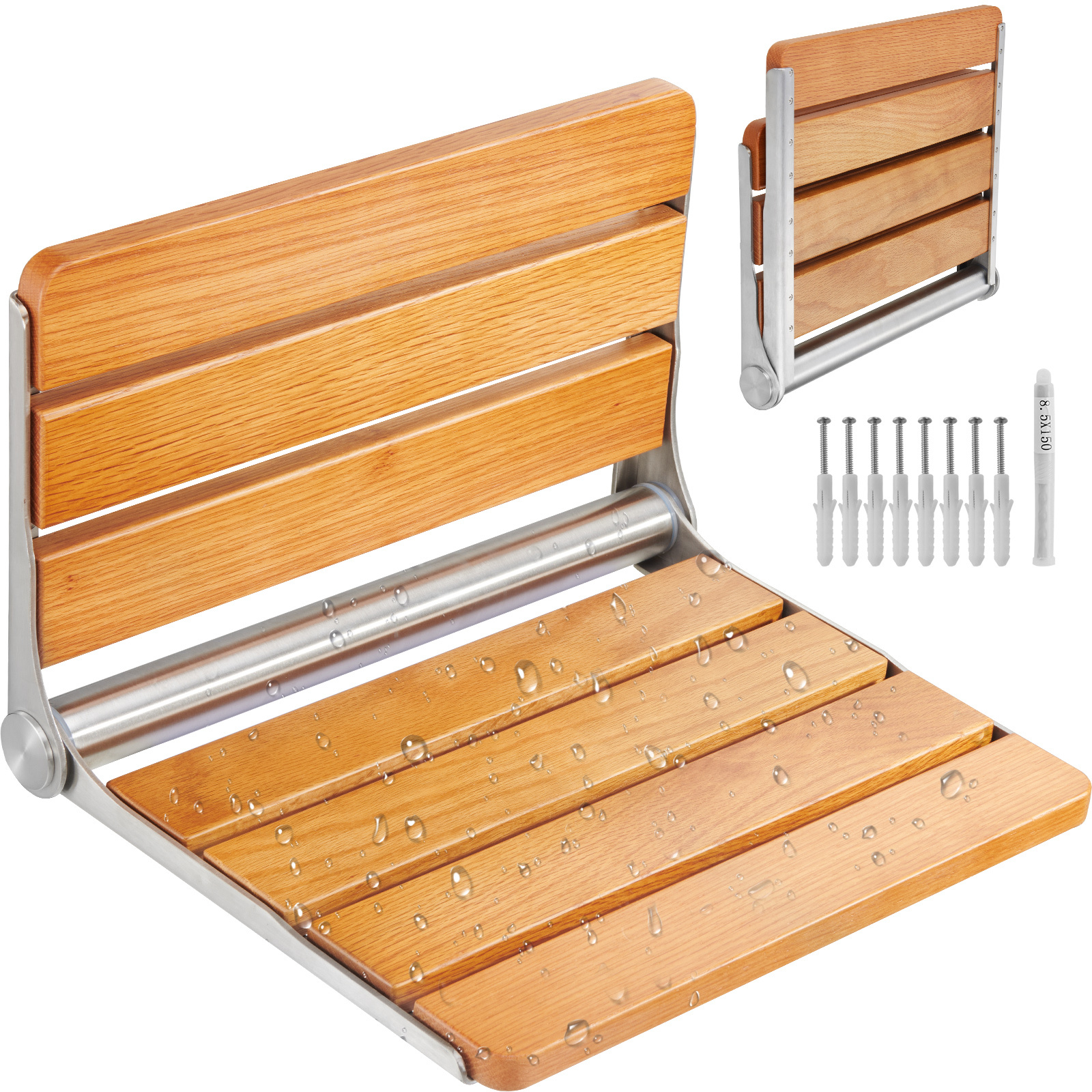 Vevor Folding Oak Shower Seat 16.1" X 13.4" Wall Mounted Shower Bench 440 Lbs
