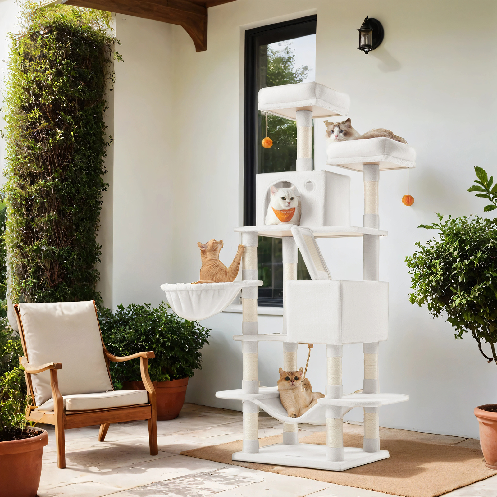 E-shop Kratzbaum groß, hoch, L Katzenbaum, mit Kratzsäulen, Plattformen, , Korb, Hängematte, mehrstöckig