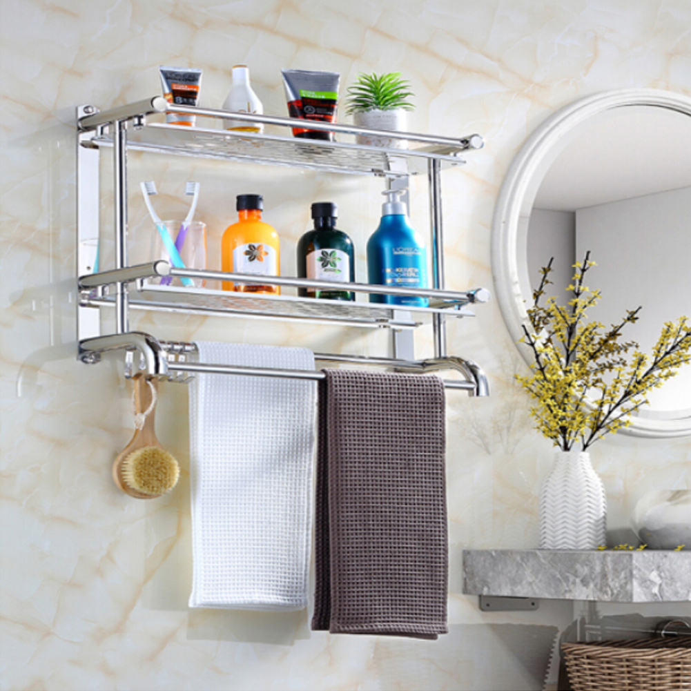 TEMU 2-tier Stainless Steel Bathroom Shelf With Hooks And Towel Bars, Toiletries Shelf, Wall Mounted Bath Towel Rack Towel Rack, No-punch Bathroom