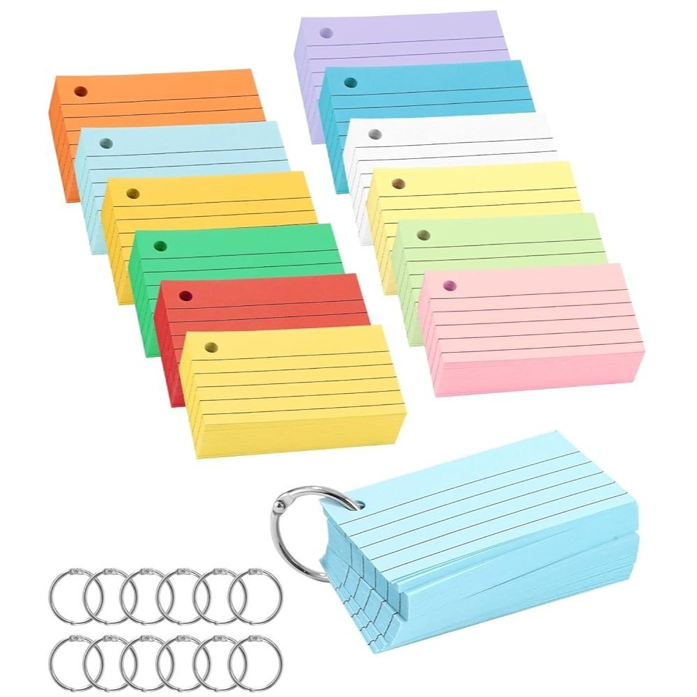 TEMU Striped Index Cards, Colorful Index Cards With Rings, Heavyweight Study Cards, Perforated Note Cards For School Learning, Office And Home