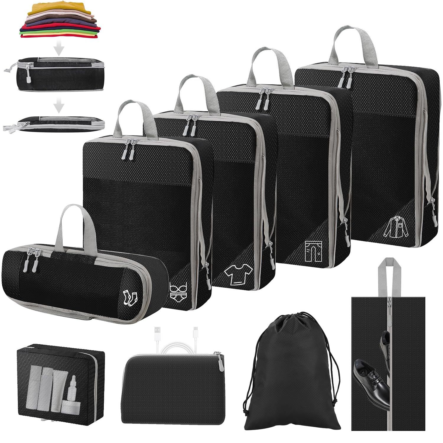 TEMU 9pcs Packing Cubes Compression, Suitcase Organizer, Packing Cubes, Packing Cubes, Waterproof Suitcase Organizer Set, Compression Packing Cubes,