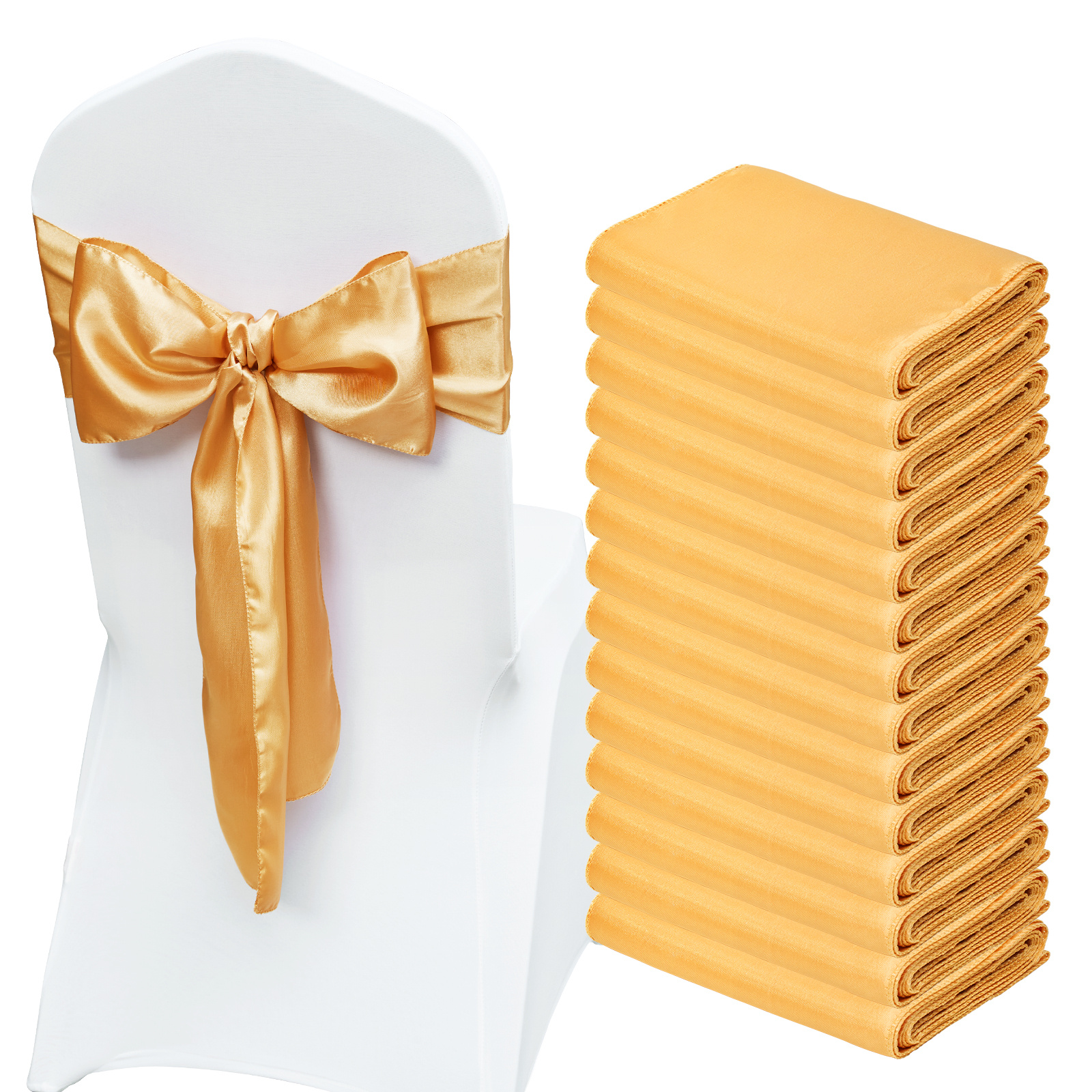 Image of Vevor 50pcs Golden Stretch Spandex Chair Sashes Bows, Chair Slipcover And Stretch Chair Sash, Elastic Chair Bands, Fitting Wedding, Holiday, Banquet, Party, Celebration Chair Decoration