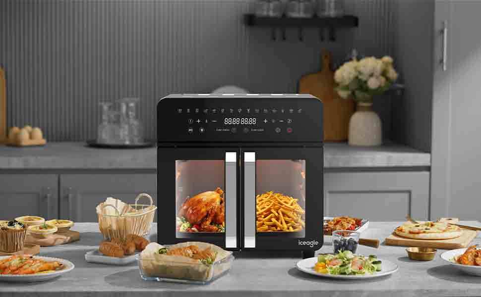 Ice Eagle Hot Air Fryer 23L Dual Zone - XXL Airfryer met Franse deur | Hot Air Oven met dubbele kamer, 15 programma's, 2200W, 12 accessoires, verwijderbare scheider voor kookruimte, 50-200°C