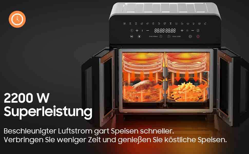 Ice Eagle Hot Air Fryer 23L Dual Zone - XXL Airfryer met Franse deur | Hot Air Oven met dubbele kamer, 15 programma's, 2200W, 12 accessoires, verwijderbare scheider voor kookruimte, 50-200°C