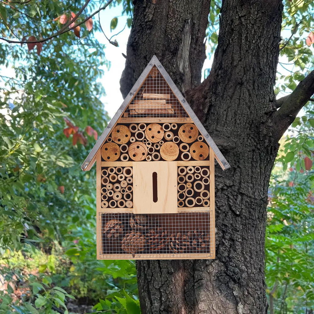 TEMU Wooden Insect Hotel, For Garden, Outdoor Free Standing, Wall Mounted, Natural Wood, Durable, Lighweight, Weather Resistant - Bees, Butterflies,