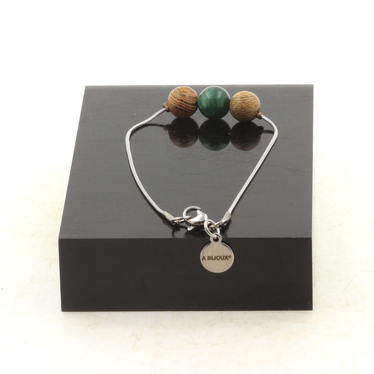 Natural Mica Green Pearl & Wood Anklet with Stainless Steel Chain