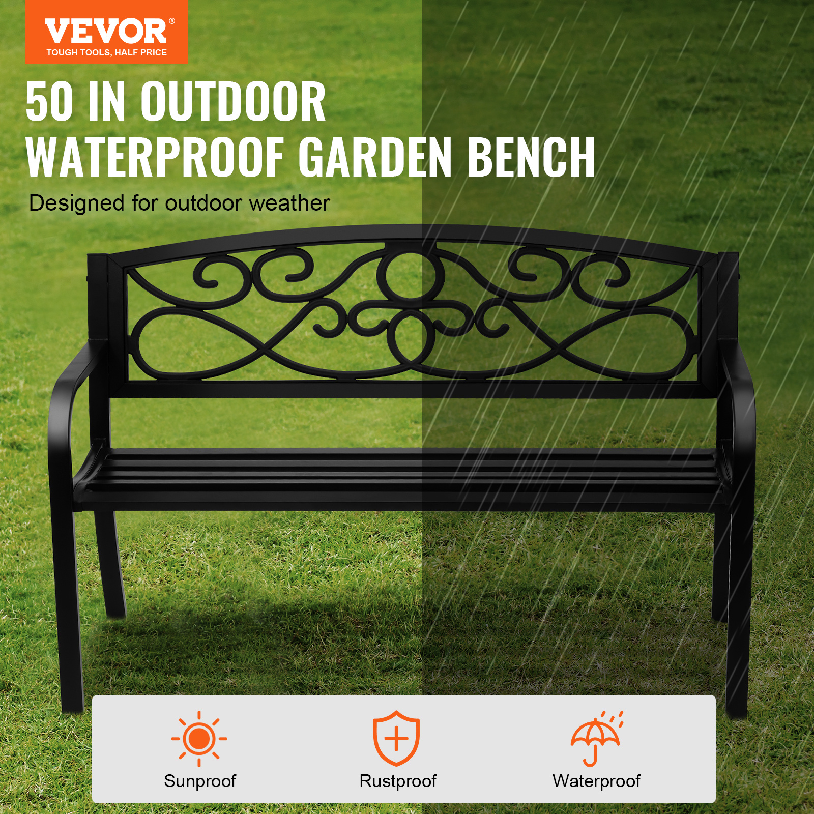 Image of Vevor Metal Garden Bench Patio Bench 127 Bench Load Capacity 3 Person Garden And Park Bench With Backrest & Armrests, Vintage Bench For Garden, Park, Yard, Porch