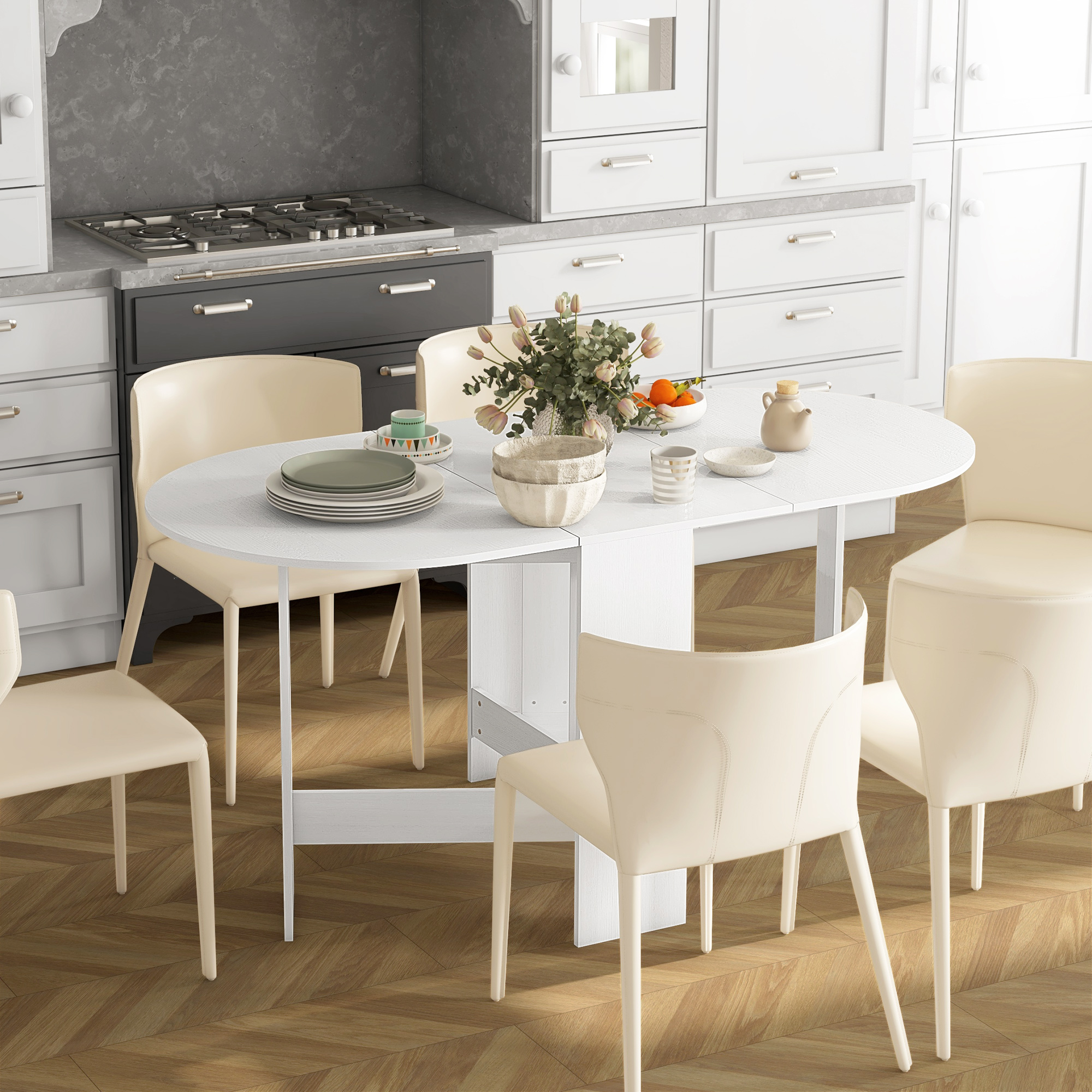 Homcom Folding Dining Table, Space- Foldable Desk With 2 Oval Leaves For 6 People, Kitchen Table, Ideal For Living Room, Home, Office, 163x80x75 Cm, White