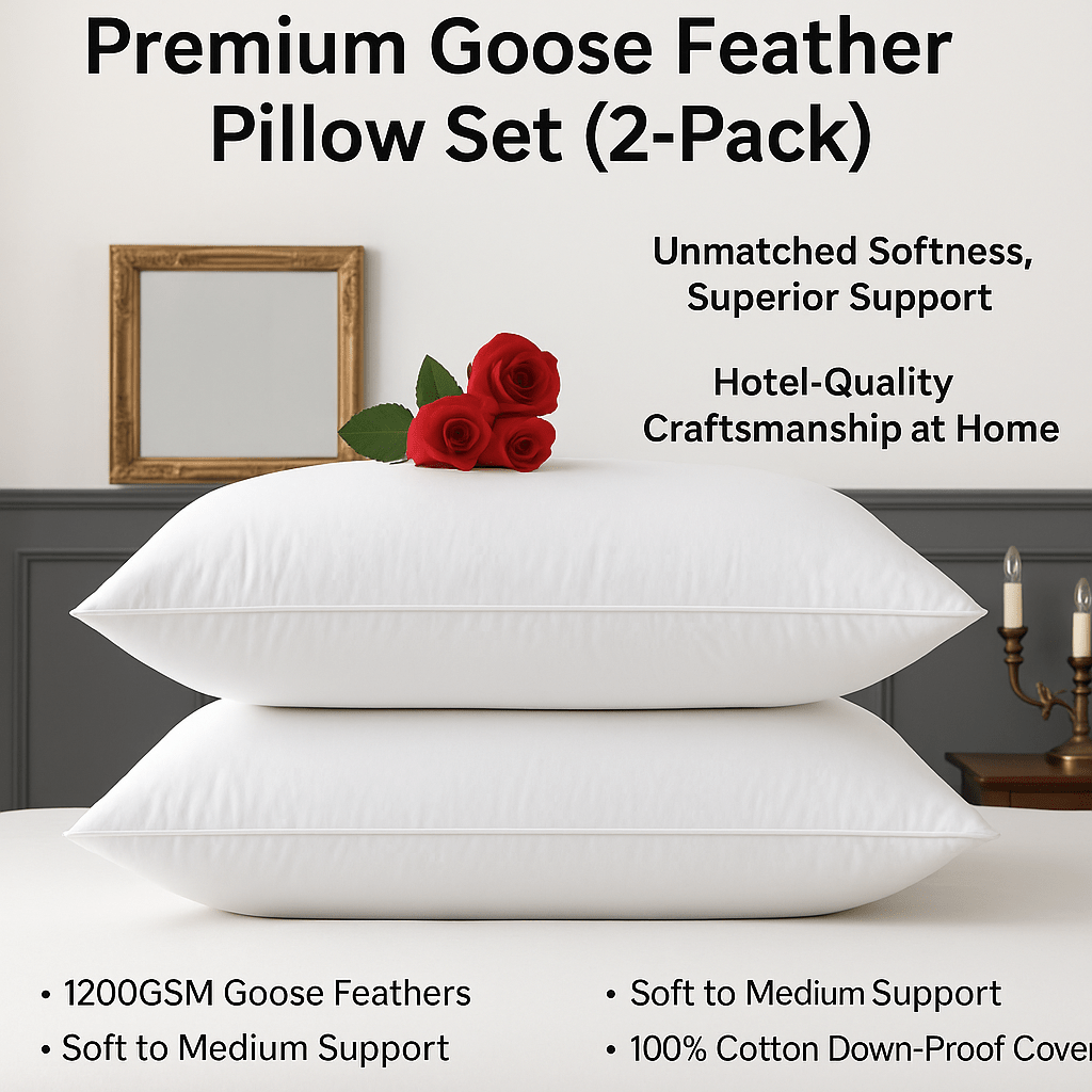 Set of 2 Goose Feather Bed Pillows – Soft/Medium Loft – Breathable Cotton Cover – Easy Care