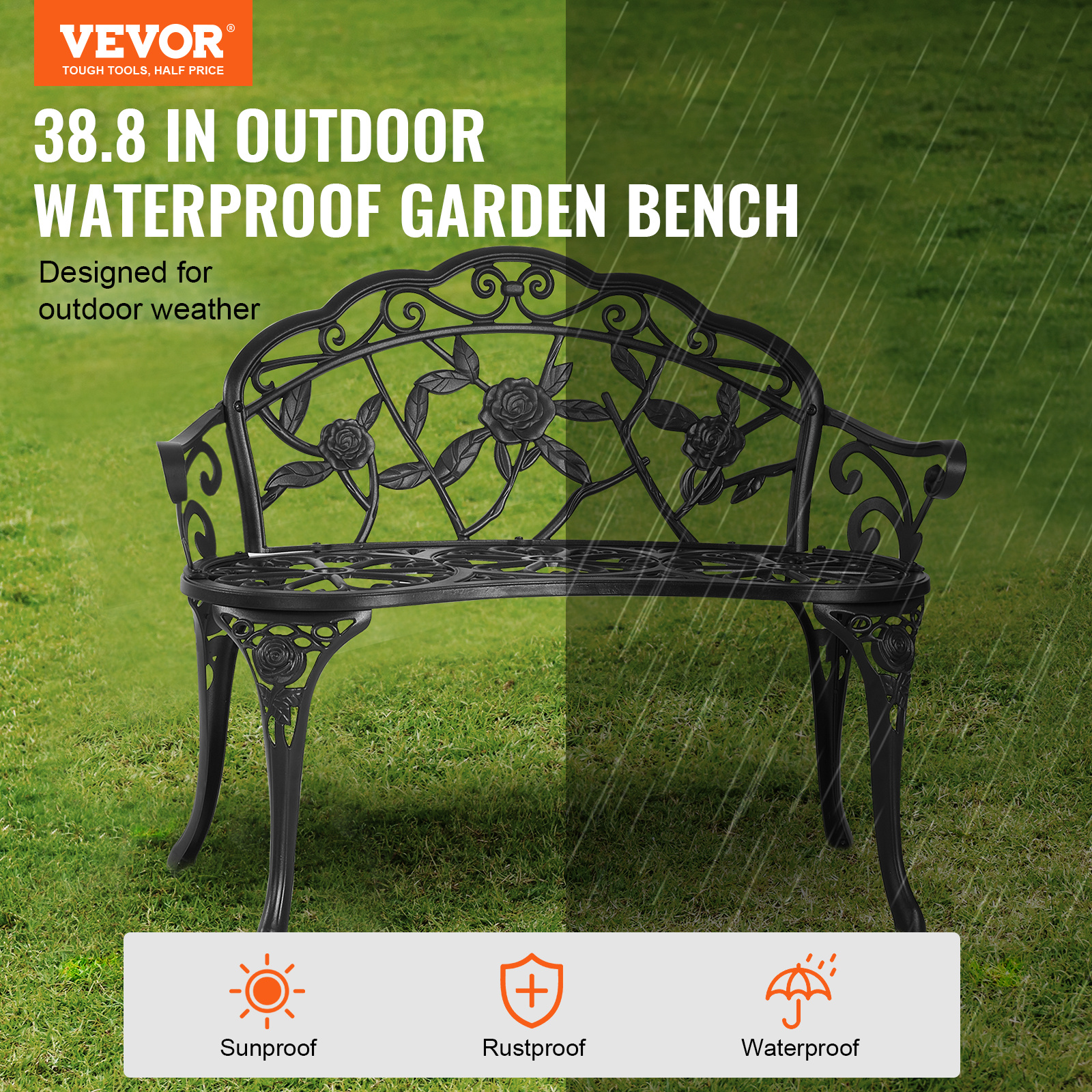 Image of Vevor Metal Garden Bench Patio Bench 987mm Park Bench Load Capacity 3 Person Bench With Backrest & Armrests, Vintage Bench For Garden, Park, Yard, Porch