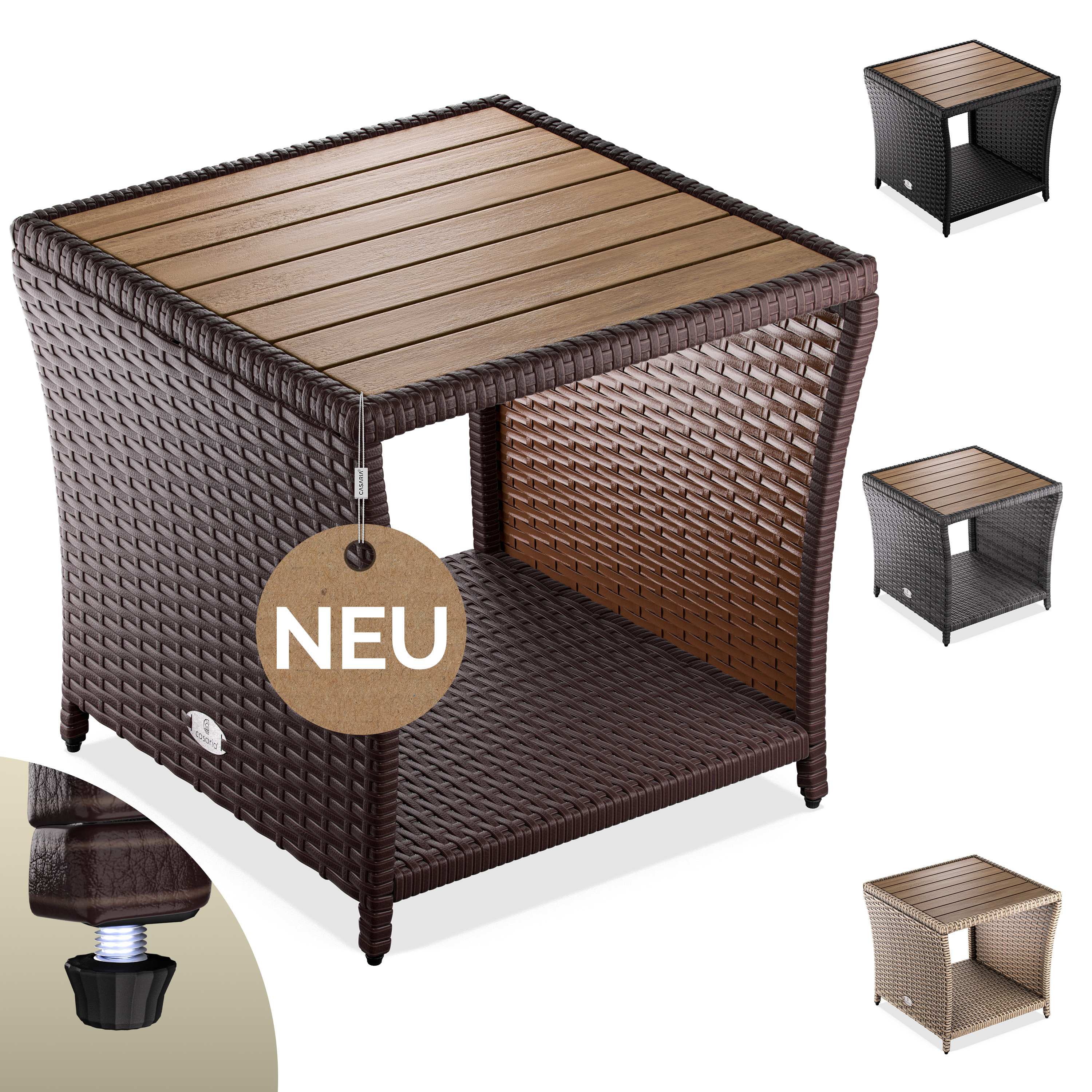 Image of Casaria® Weatherproof Small Side Table, Wood Poly Rattan Acacia, 45x45x40cm, 80kg Load Capacity, Outdoor Table, Garden Table, Balcony Table, Garden Furniture
