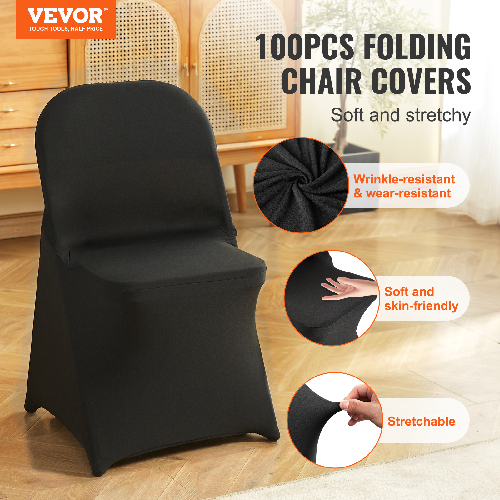 Image of Vevor 100pcs Black Stretch Spandex Folding Chair Covers, Universal Fitted Chair Cover, Removable Washable Protective Slipcovers, For Wedding, Holiday, Banquet, Party, Celebration, Dining