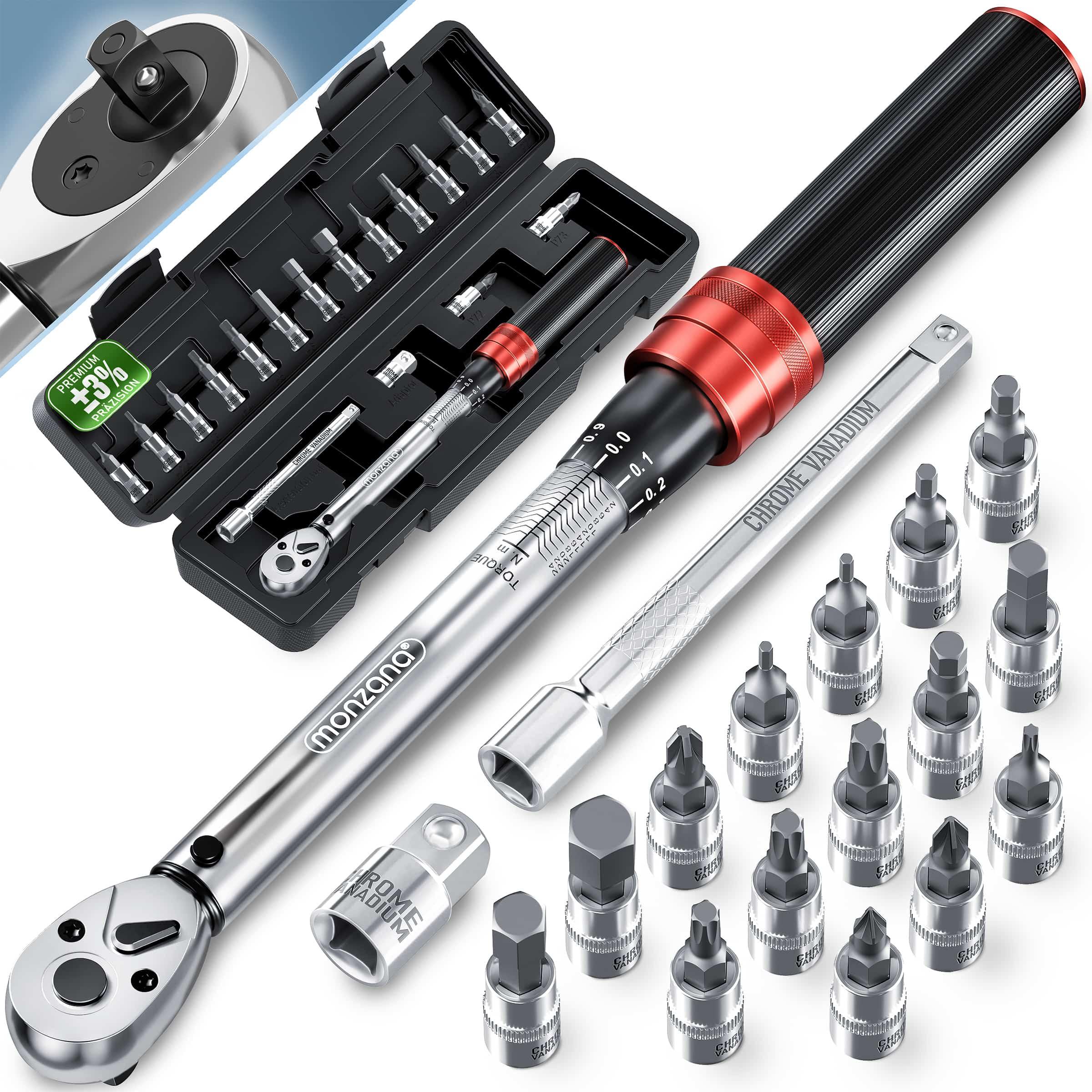 Image of Monzana® Bicycle Torque Wrench 18-piece Set, 1/4 Inch, 1-25 Nm ±3% Cv Extension, Transport Case, High-quality Bit Set Tool For Motorcycle