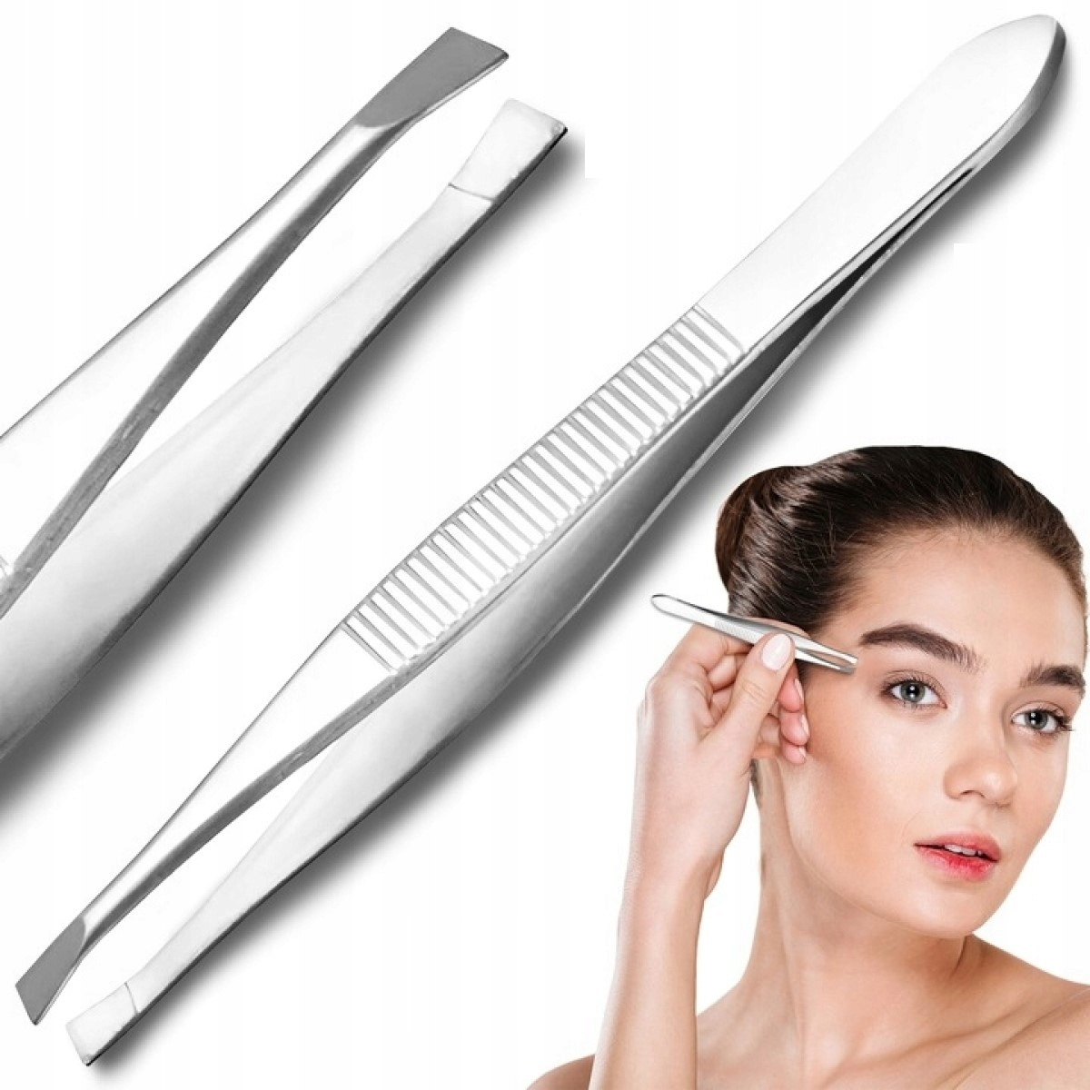 Slanted Cosmetic Tweezers For Eyebrow And Body Grooming, Curved Steel, Silver