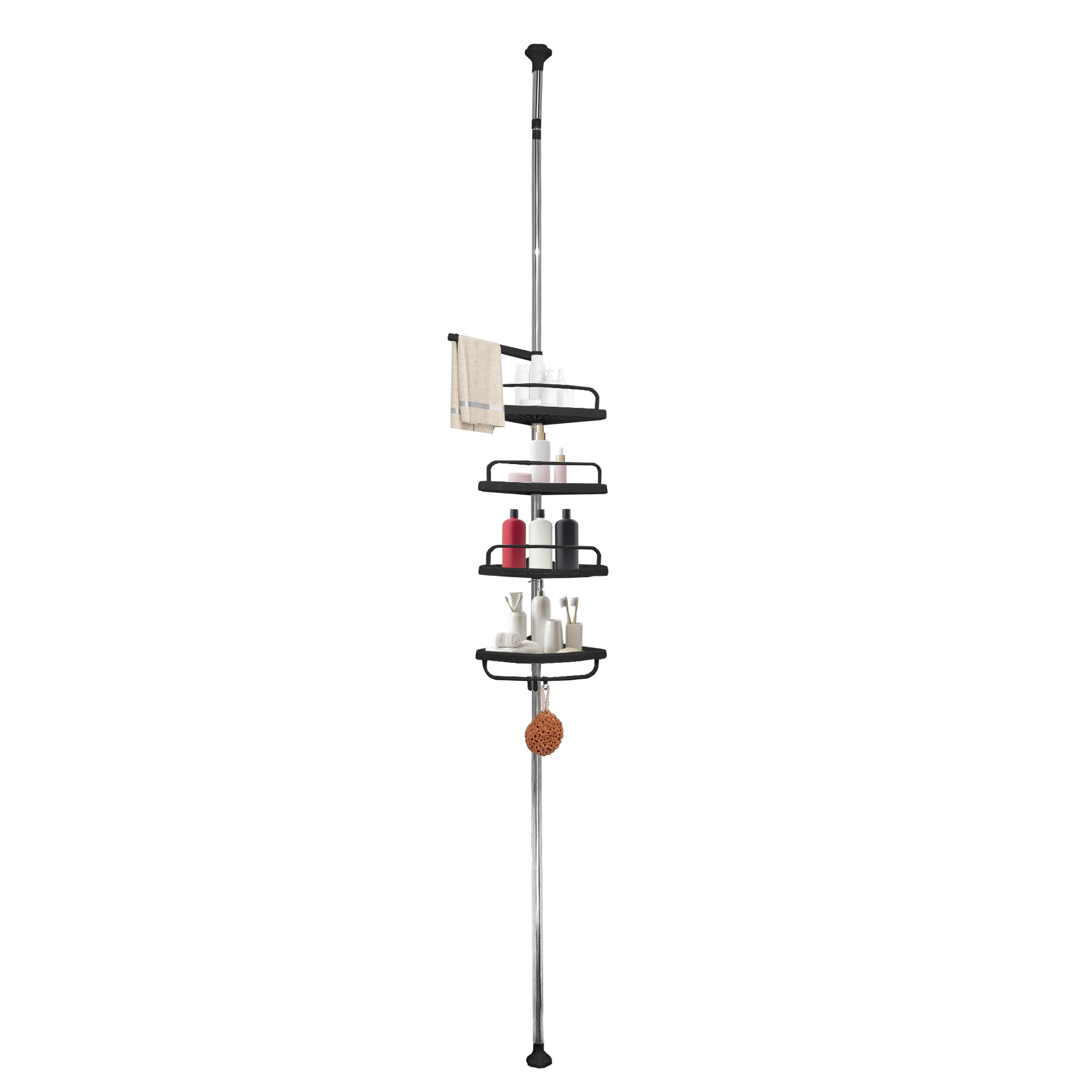 TEMU Estantería Telescópica de Baño 276 cm Home – 4 Estantes Ajustables con Ganchos y Colgadores – Sin Taladro – Acero Inoxidable – o Negro