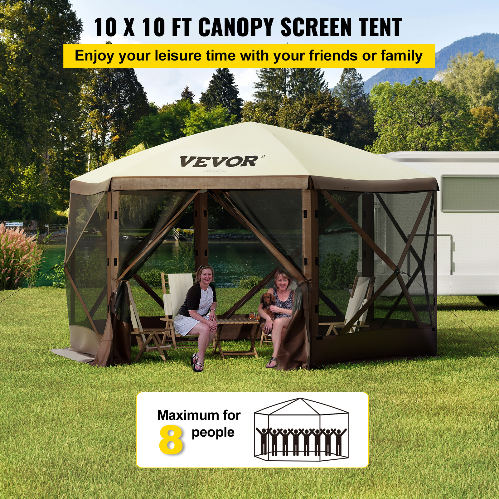 Pop Up , Pop Up Tent With 4-sided Canopy, Sun Protection With 4 Removable Privacy Windcloths And Mesh Windows, Feet, Up Tent With Net, Brown