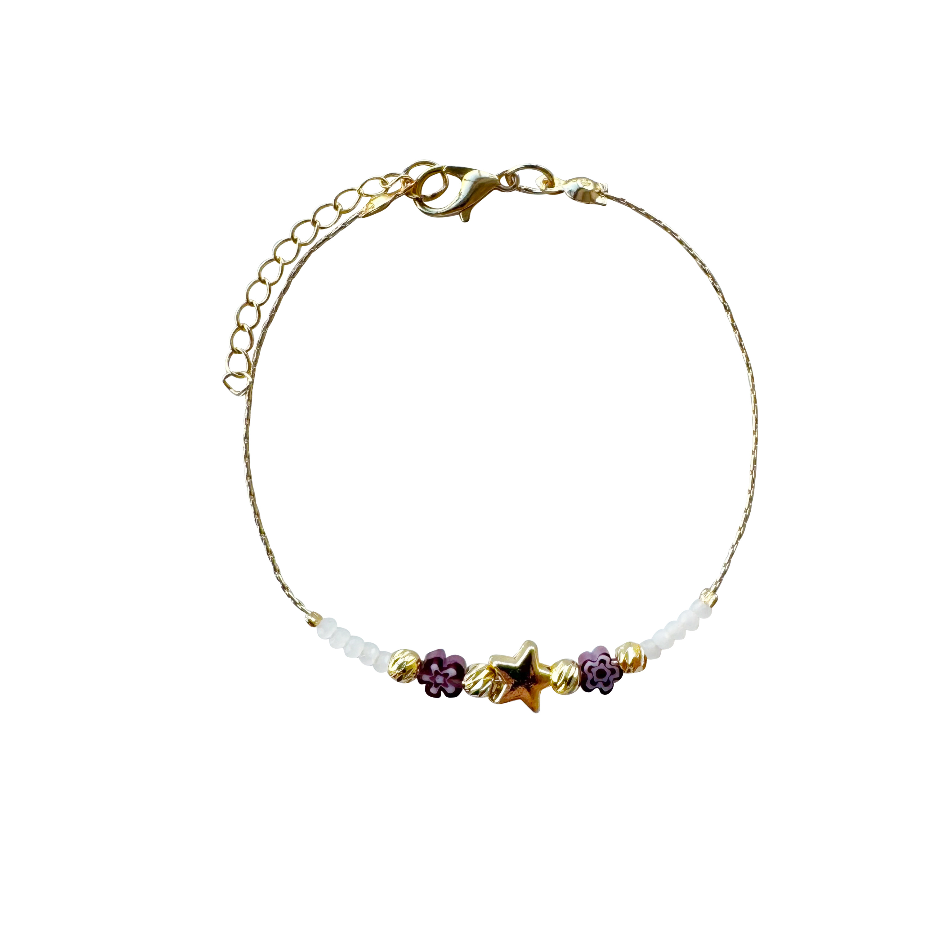Celestial Star & Purple Flower Beaded Handmade Bracelet