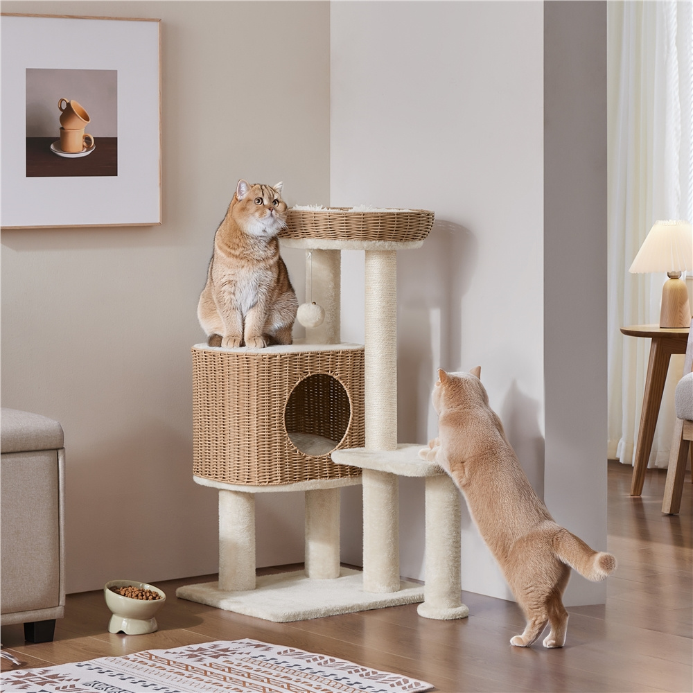 E-shop Costoffs Kletterbaum 91 cm H Rattan Kratzbaum für große Katze Stabiler Katzenbaum mit großen Plattformen Katzenhöhle