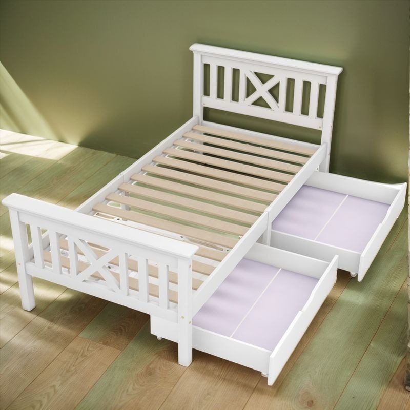 Neutral And Refreshing Wooden Single Bed Frame, Warm And Comfortable, Open And Simplified Household Bedroom Single Bed, with Drawers Under The Bed for Sufficient Storage Space, Fully Utilizing Space, Low VOC, Durable And Non-Toxic, White