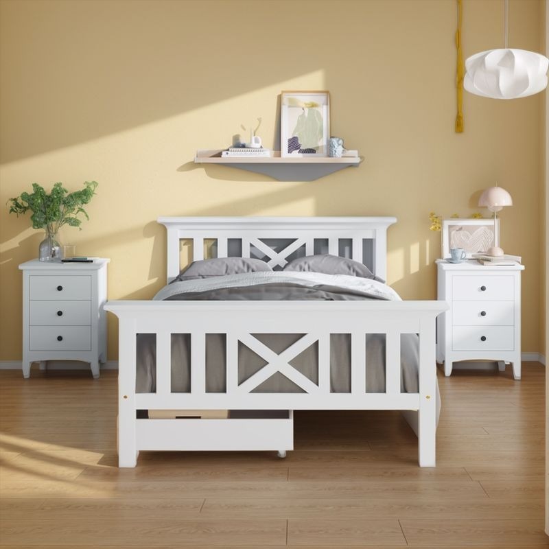 Neutral And Refreshing Wooden Single Bed Frame, Warm And Comfortable, Open And Simplified Household Bedroom Single Bed, with Drawers Under The Bed for Sufficient Storage Space, Fully Utilizing Space, Low VOC, Durable And Non-Toxic, White