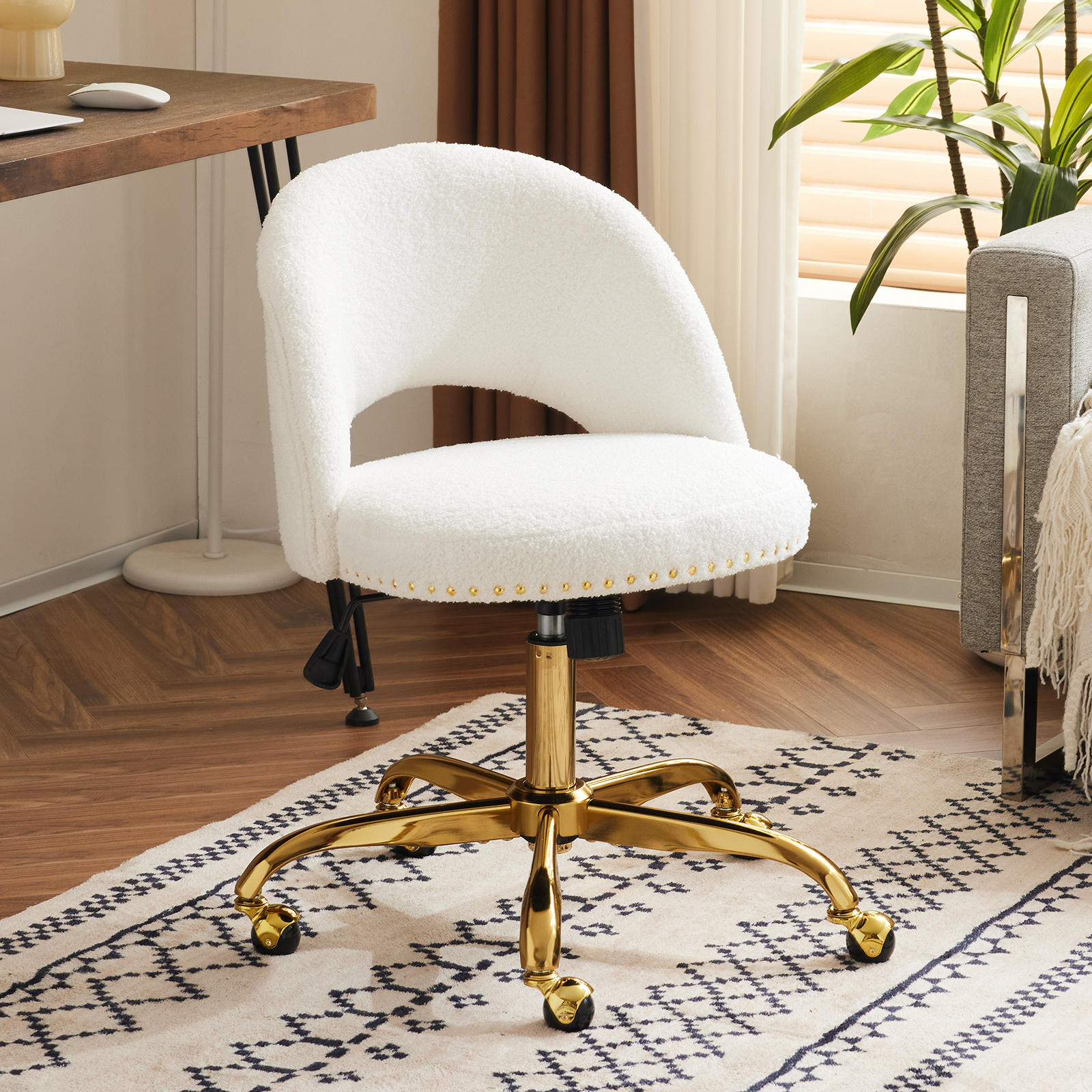 Image of Bonnlo Office Chair With Wheels, Swivel Chair With Golden Rivets, Makeup Vanity Chair Up To 136 Kg, Height-adjustable Desk Chair For Study, Bedroom, Home Office (velvet, White)