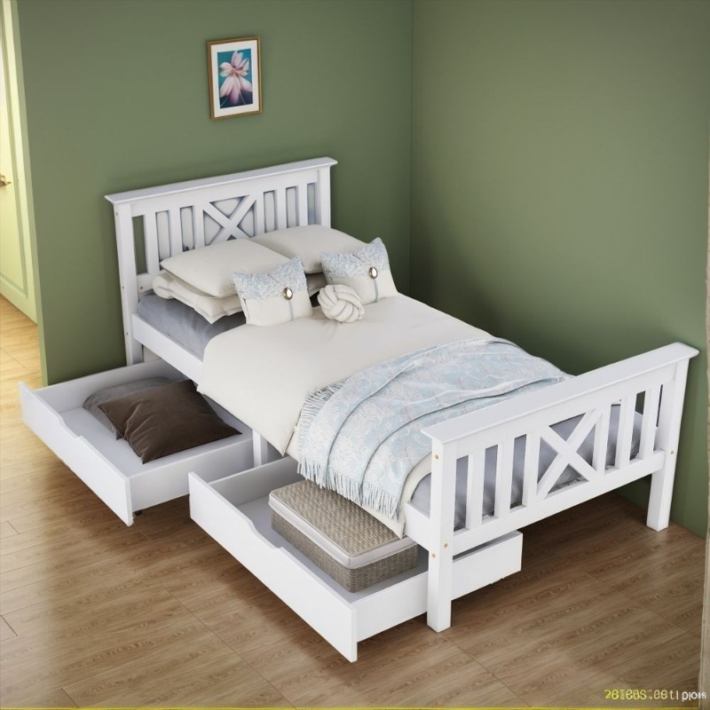 Neutral And Refreshing Wooden Single Bed Frame, Warm And Comfortable, Open And Simplified Household Bedroom Single Bed, with Drawers Under The Bed for Sufficient Storage Space, Fully Utilizing Space, Low VOC, Durable And Non-Toxic, White