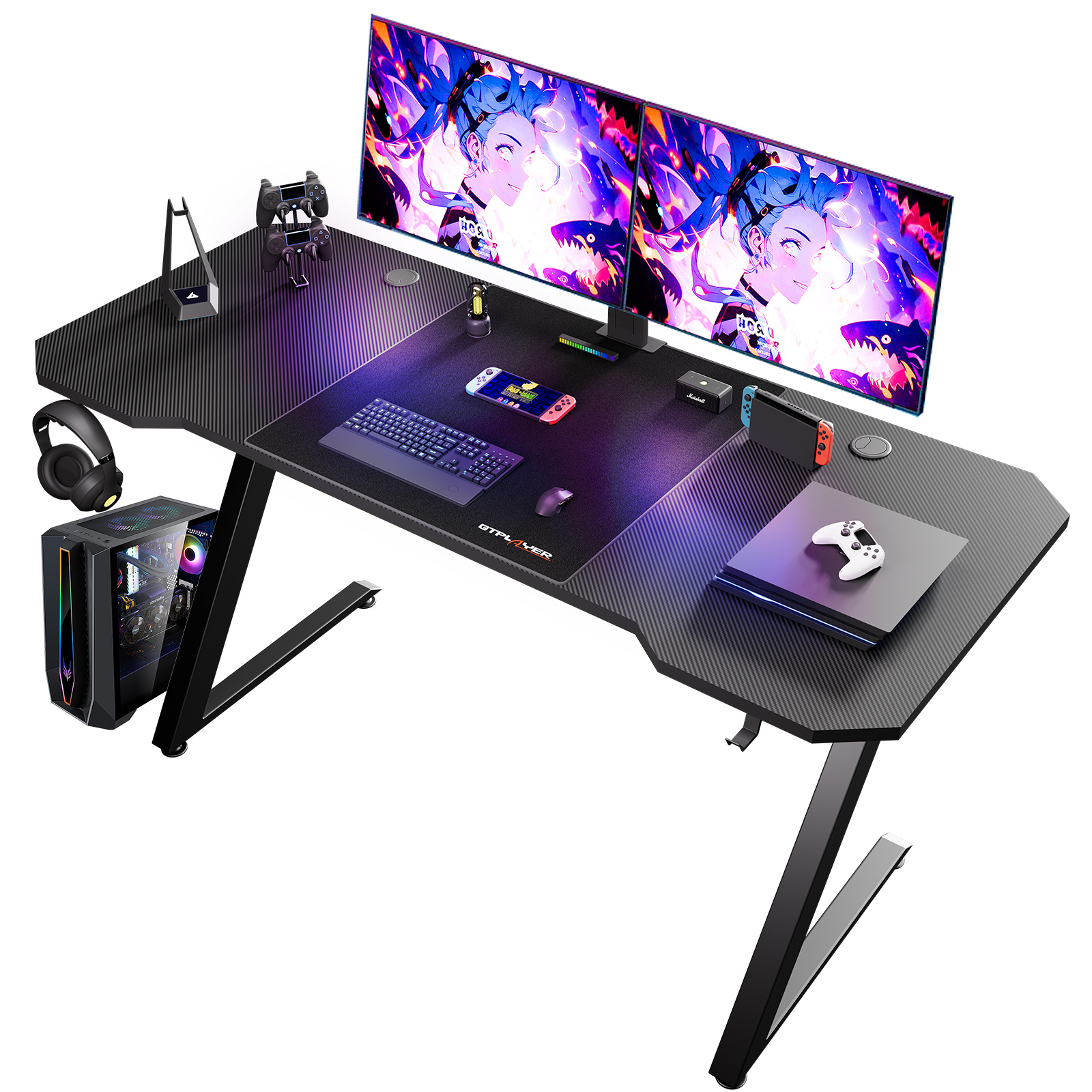 E-shop Gaming Tisch, Gaming Schreibtisch 120 x 60cm, PC Tisch Gamer Tisch mit Kohlefaseroberfläche, Stabiler Computertisch mit Kopfhörerhaken