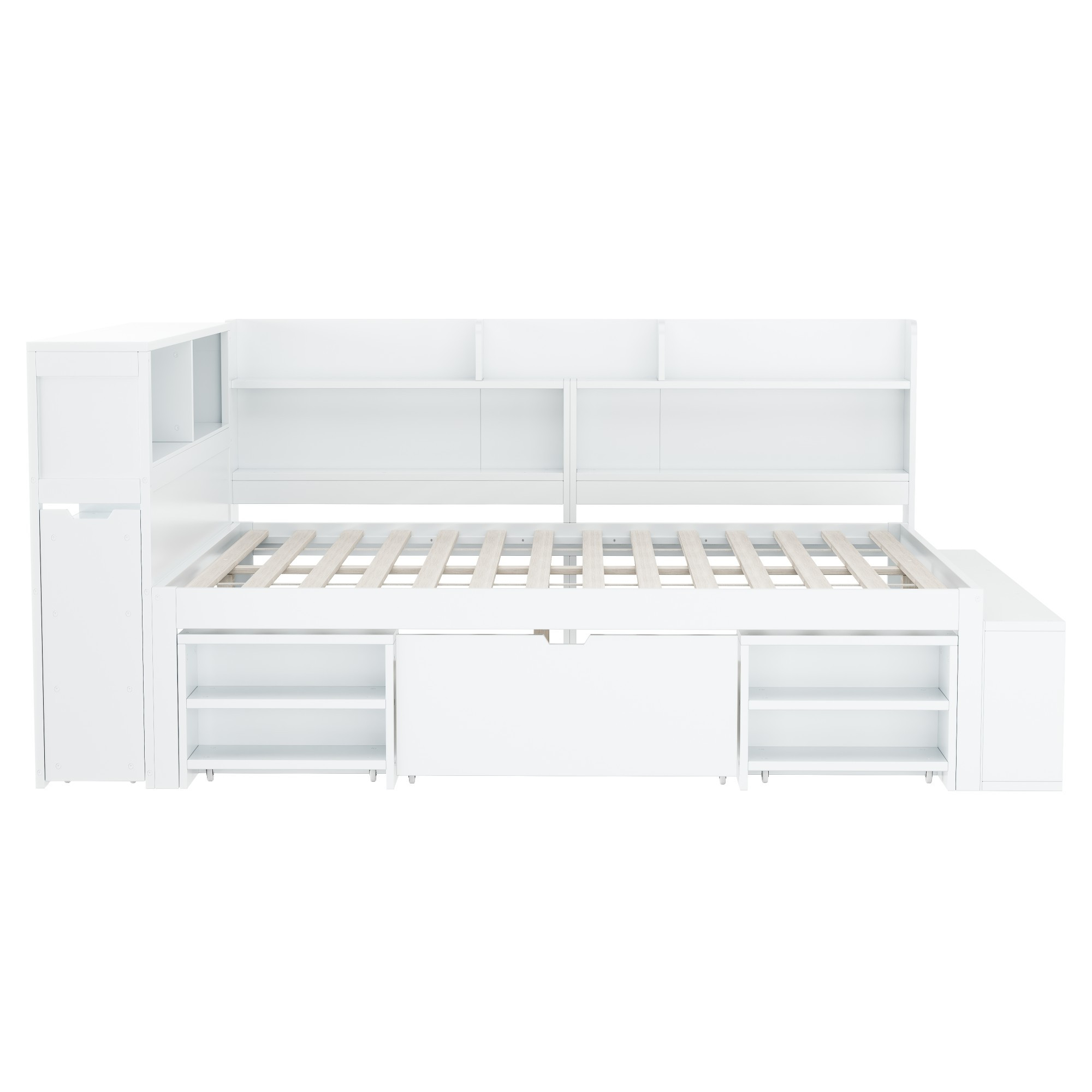 Children's bed, Double Bed-4ft6 (135*190cm), multifunctional children's bed with drawers, bookcase and storage cupboard, large storage space, slatted frame, without mattress, white