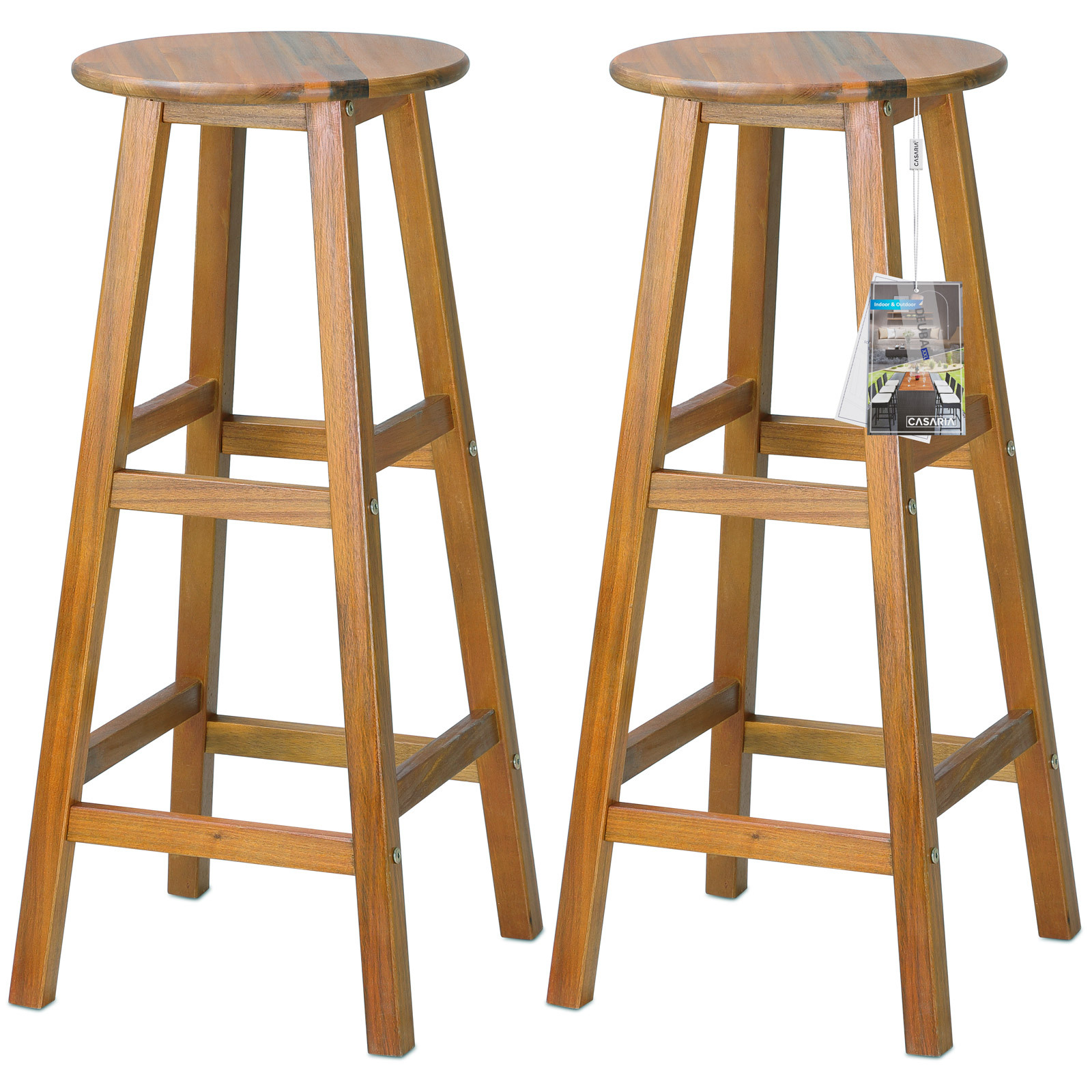 TEMU Set of 2 CASARIA® Bar Stools Made of Acacia Wood for Outdoor Use, with a Seat Height of 75Cm, Footrest, Solid Construction, Rustic Round Design,
