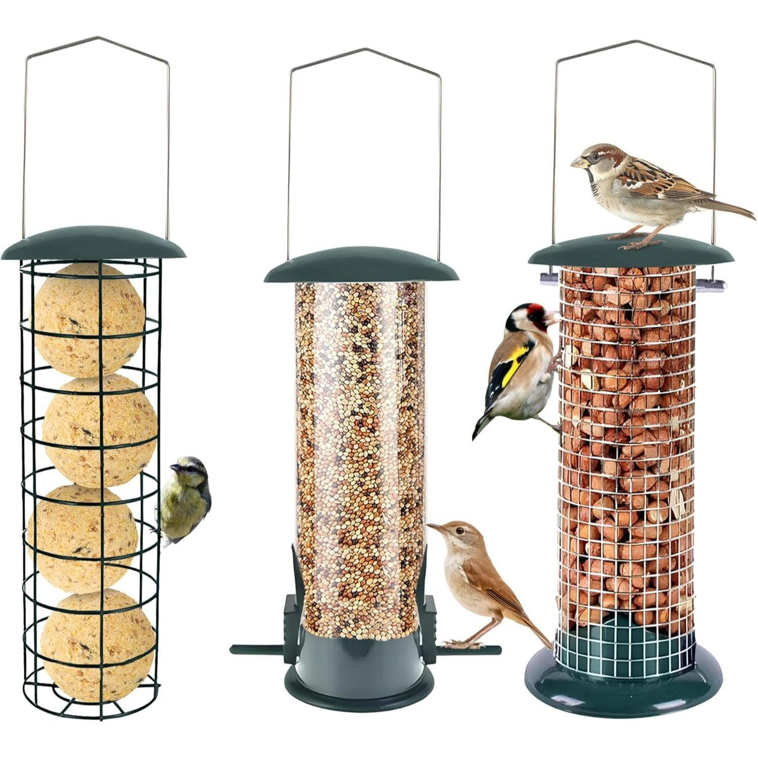 TEMU Green Haven 3-pack Metal Bird Feeders For Small Birds - Tube, Dense Mesh & Coarse Mesh, Squirrel Proof Hanging Bird Feeders For Garden