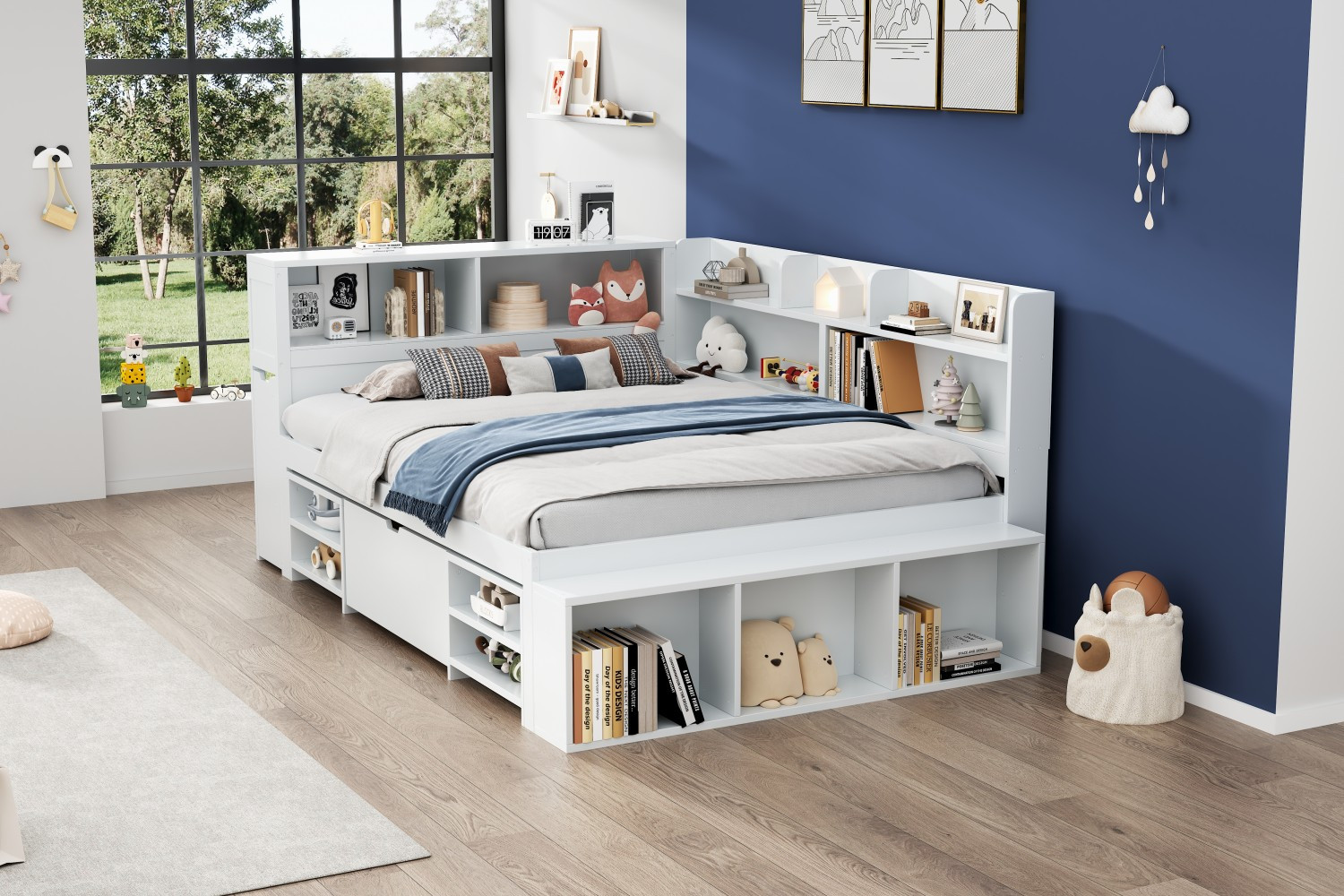 Children's bed, Double Bed-4ft6 (135*190cm), multifunctional children's bed with drawers, bookcase and storage cupboard, large storage space, slatted frame, without mattress, white