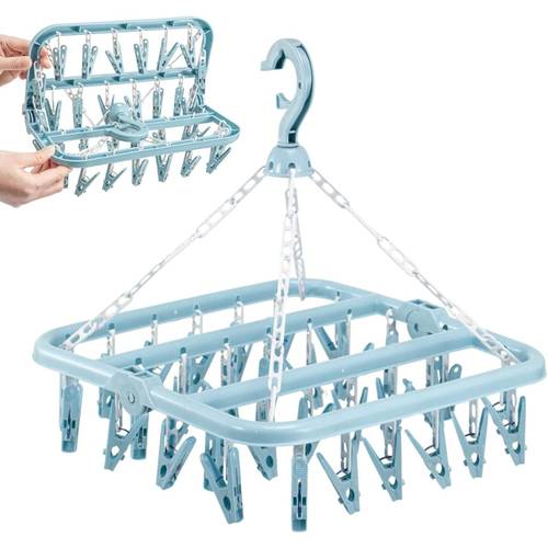 foldable sock dryer with 32 clips laundry drying hanger for socks underwear bras and shoe insoles space saving accessory windproof hanging rack for clothes blue
