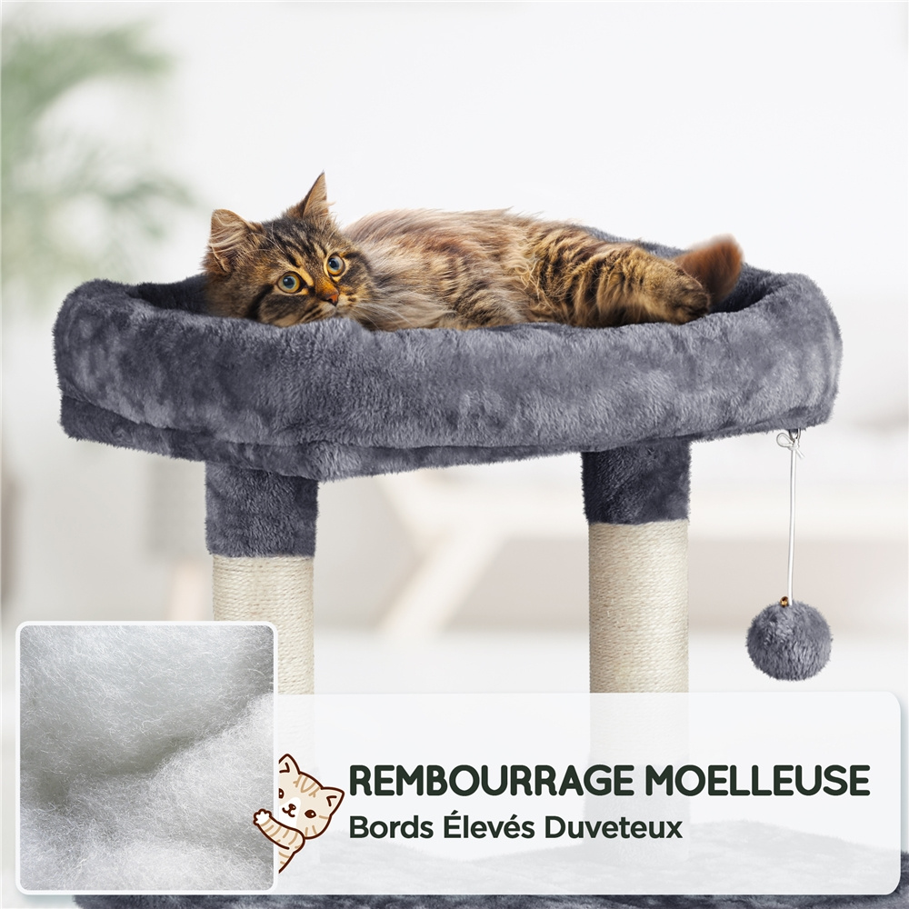 Arbre à chat multi-niveaux - Centre d'activités haut de gamme avec nids douillets, hamac et griffoirs en sisal - Tour de jeu pour chat avec corde nouée et balle suspendue - Hauteur 160 cm (gris foncé/clair) - Tissu peluche ultra-doux