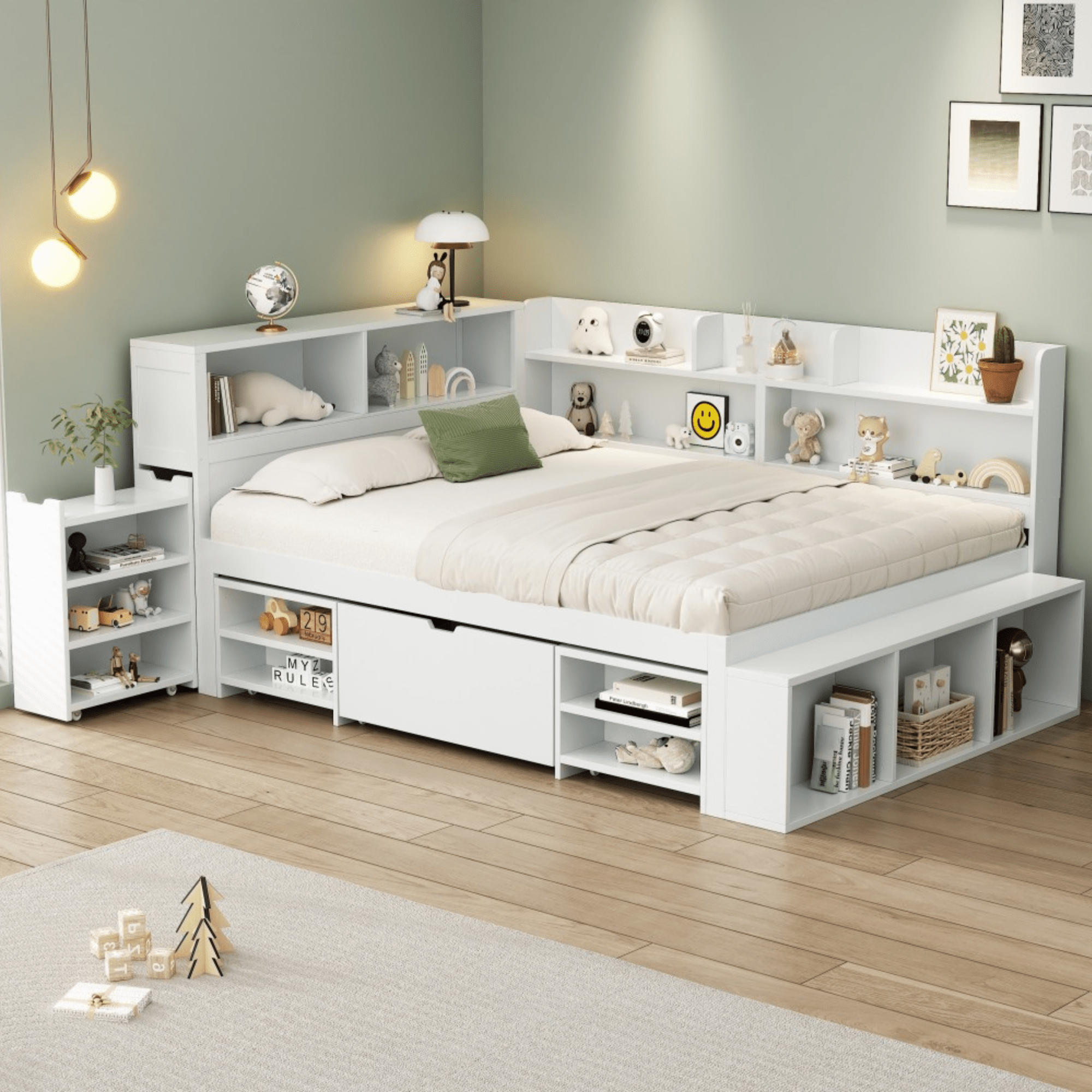 Children's bed, Double Bed-4ft6 (135*190cm), multifunctional children's bed with drawers, bookcase and storage cupboard, large storage space, slatted frame, without mattress, white