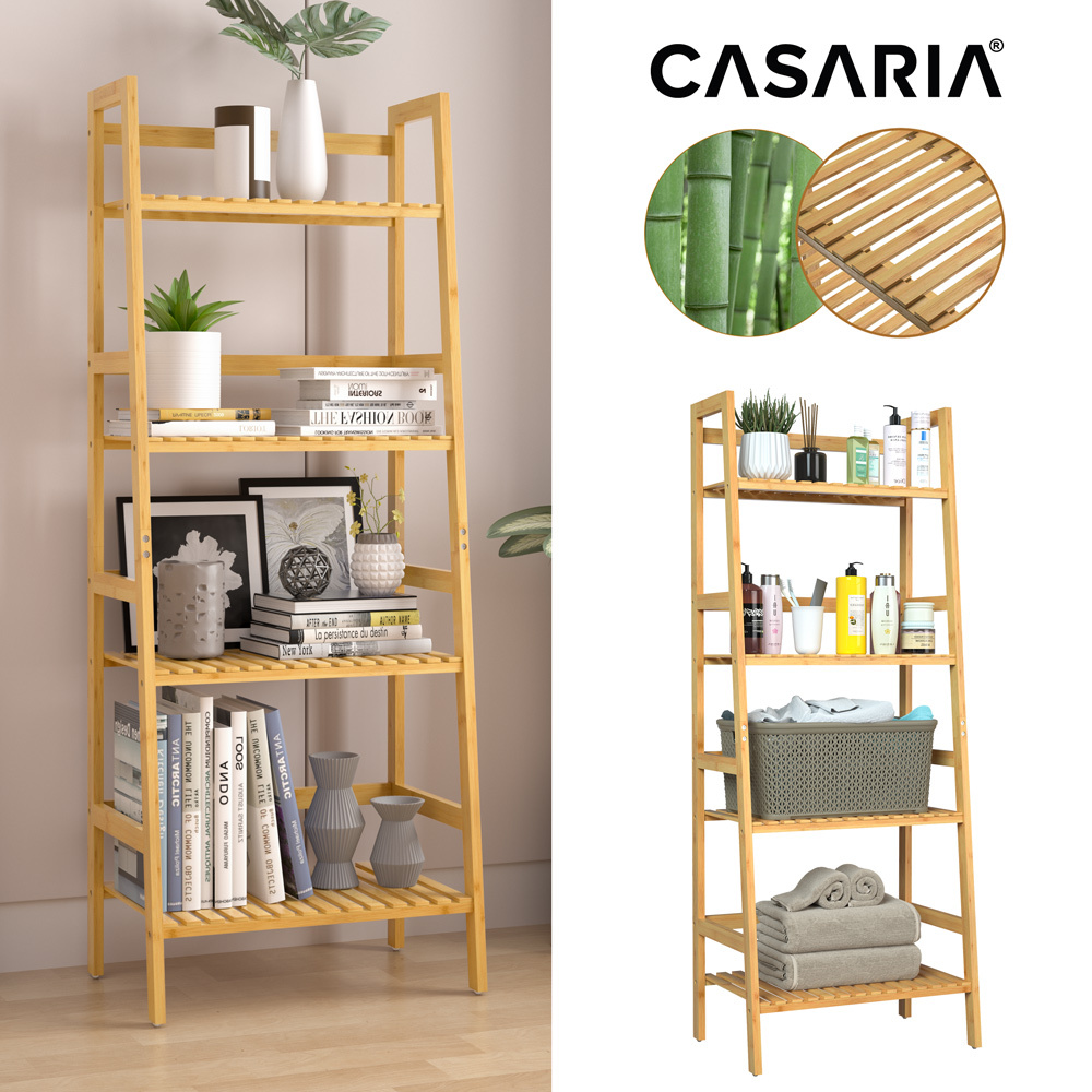 Image of Casaria 4-tier Bamboo Bathroom Shelf, 123x48x32cm, Household Storage Rack For Kitchen, Bathroom, Or Basement, Wooden Organizer