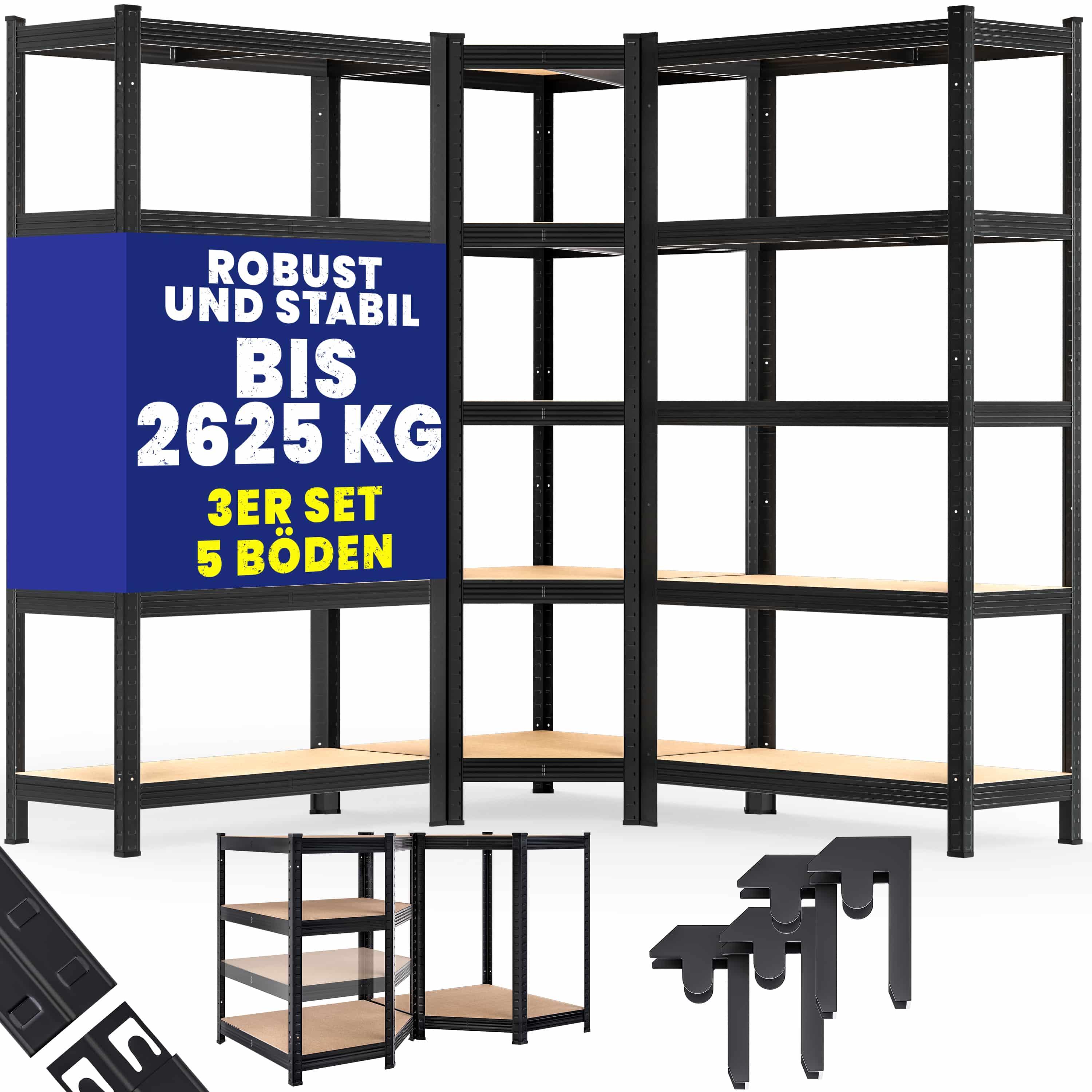 E-shop MONZANA® 3er Set Schwerlastregal Eckregal 2625 kg 15 MDF-Platten Regal Lagerregal Kellerregal Steckregal Werkstattregal Regalsystem