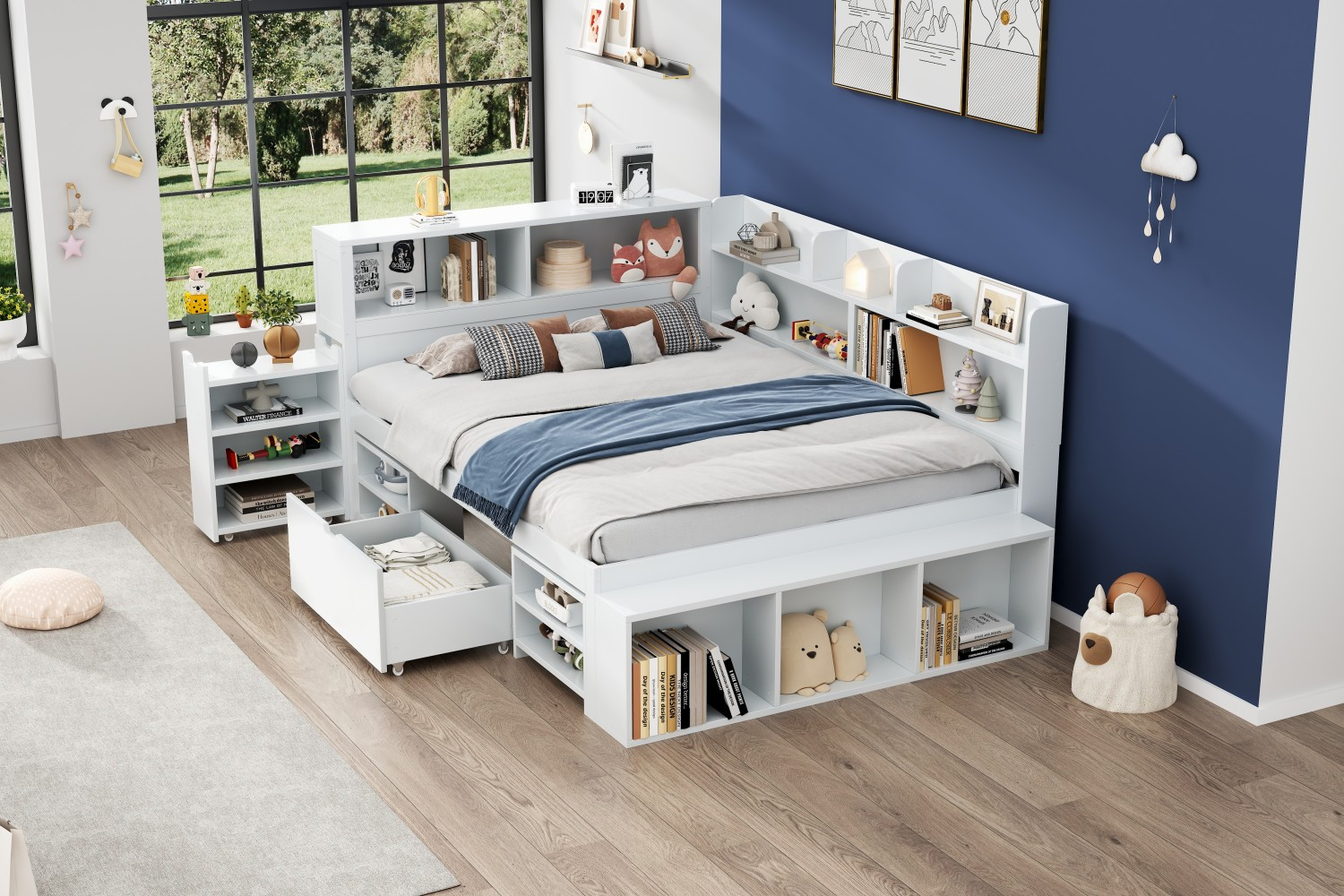 Children's bed, Double Bed-4ft6 (135*190cm), multifunctional children's bed with drawers, bookcase and storage cupboard, large storage space, slatted frame, without mattress, white