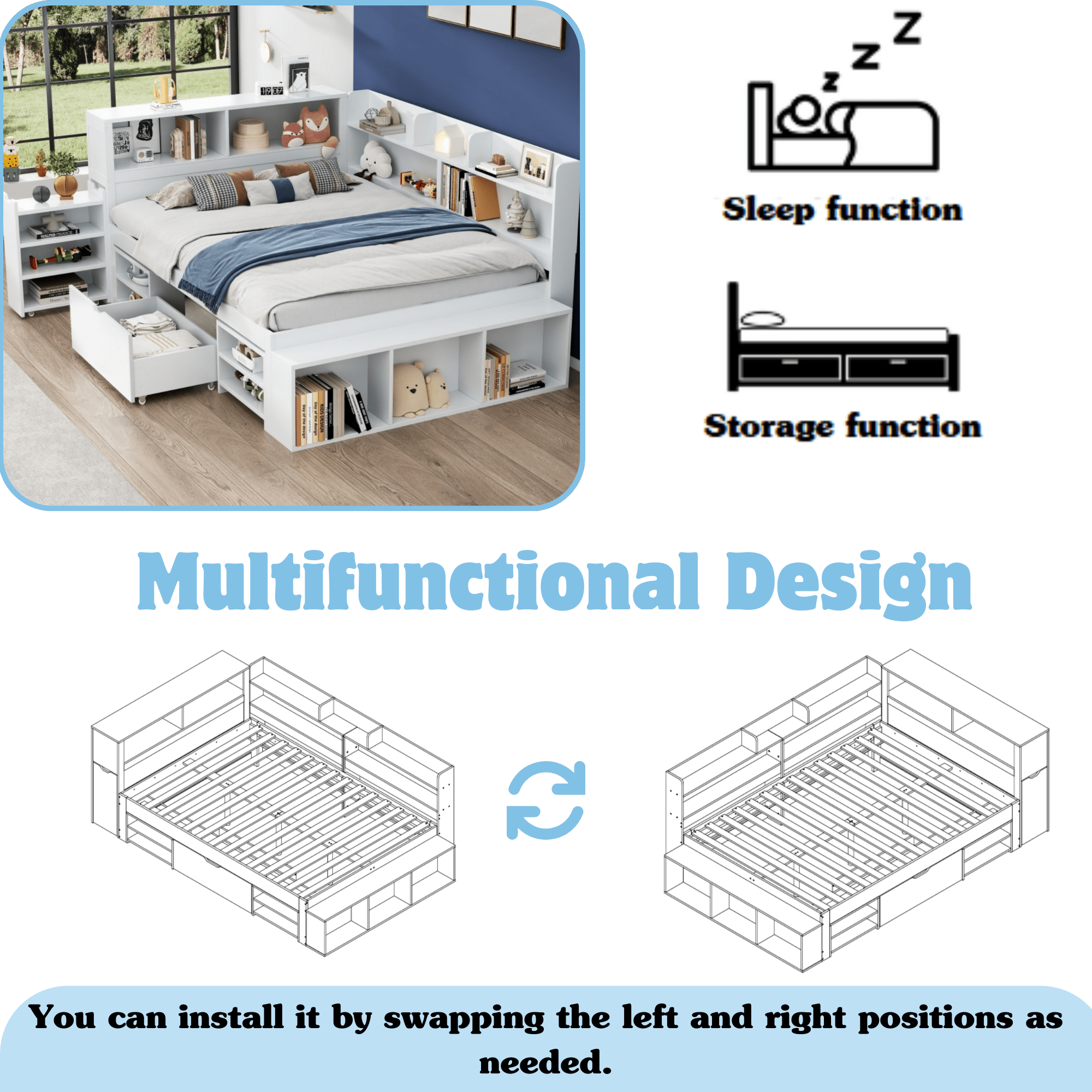 Children's bed, Double Bed-4ft6 (135*190cm), multifunctional children's bed with drawers, bookcase and storage cupboard, large storage space, slatted frame, without mattress, white