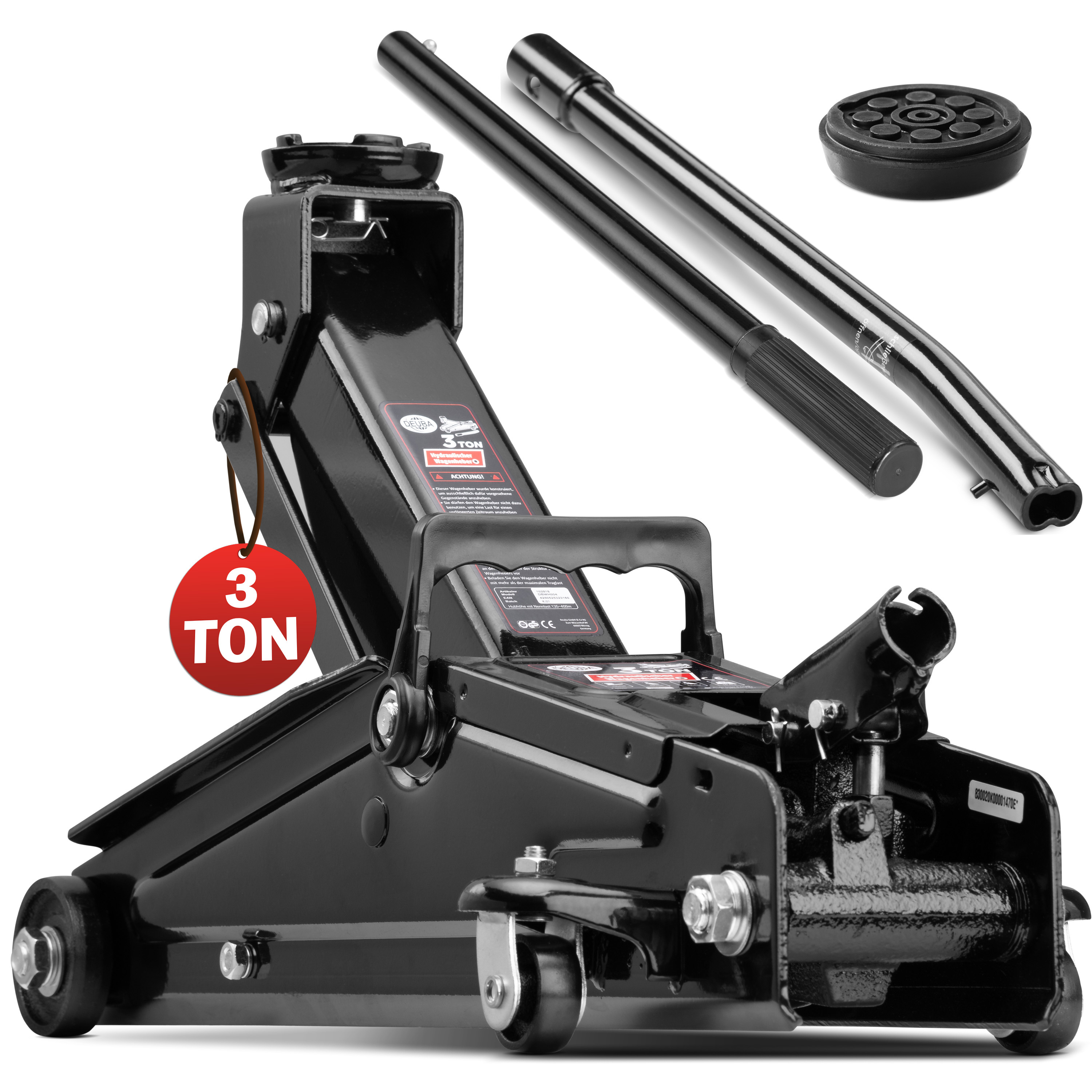 E-shop hydraulischer Wagenheber 3 Tonnen Hubhöhe 135-400mm inkl. Gummiauflage Tragegriff KFZ Auto SUV Rangierwagenheber Hydraulik Roll- und