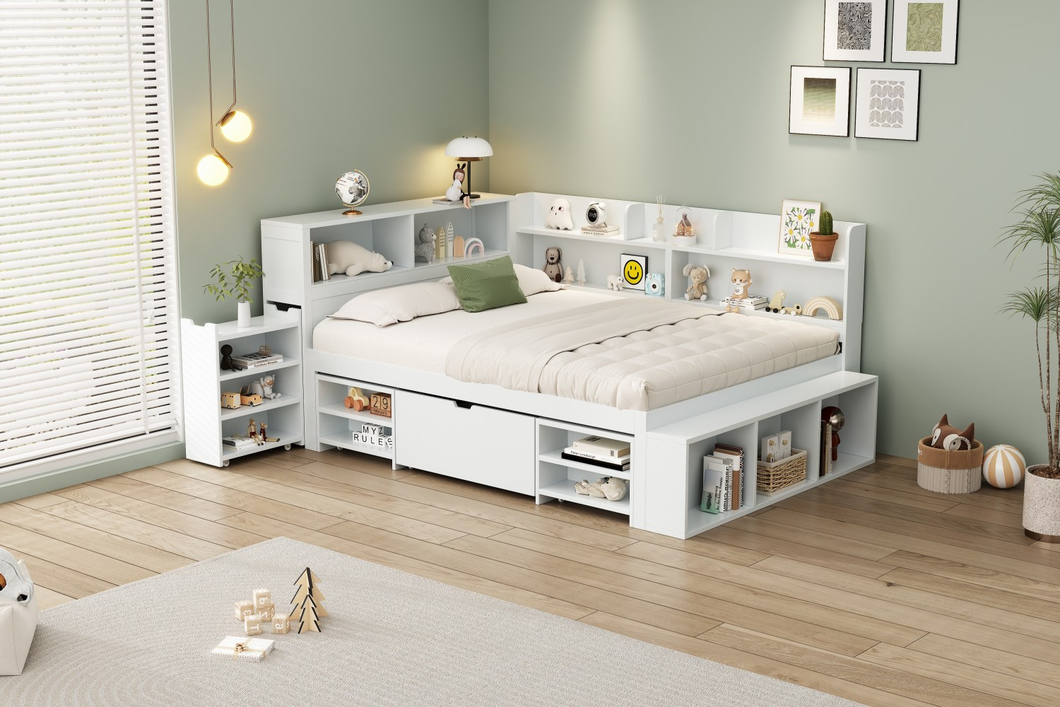 Children's bed, Double Bed-4ft6 (135*190cm), multifunctional children's bed with drawers, bookcase and storage cupboard, large storage space, slatted frame, without mattress, white