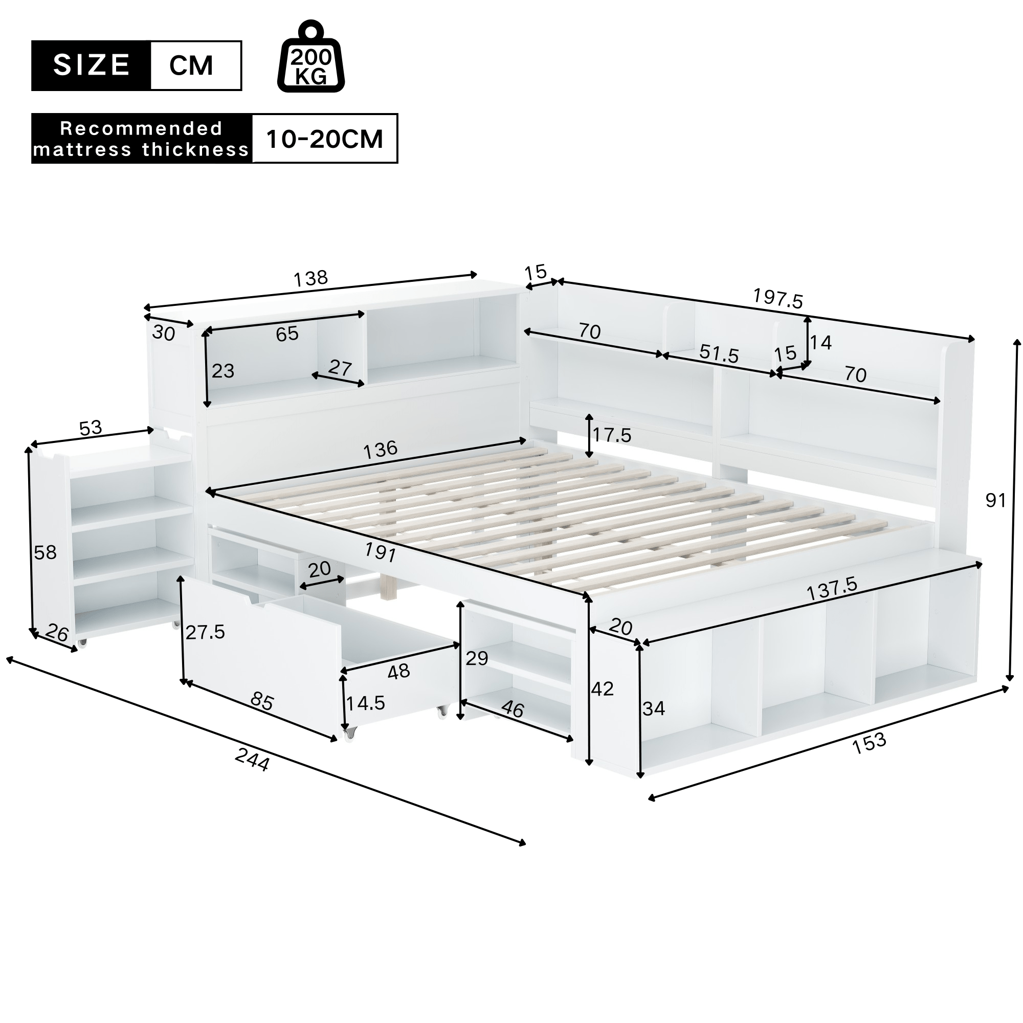 Children's bed, Double Bed-4ft6 (135*190cm), multifunctional children's bed with drawers, bookcase and storage cupboard, large storage space, slatted frame, without mattress, white