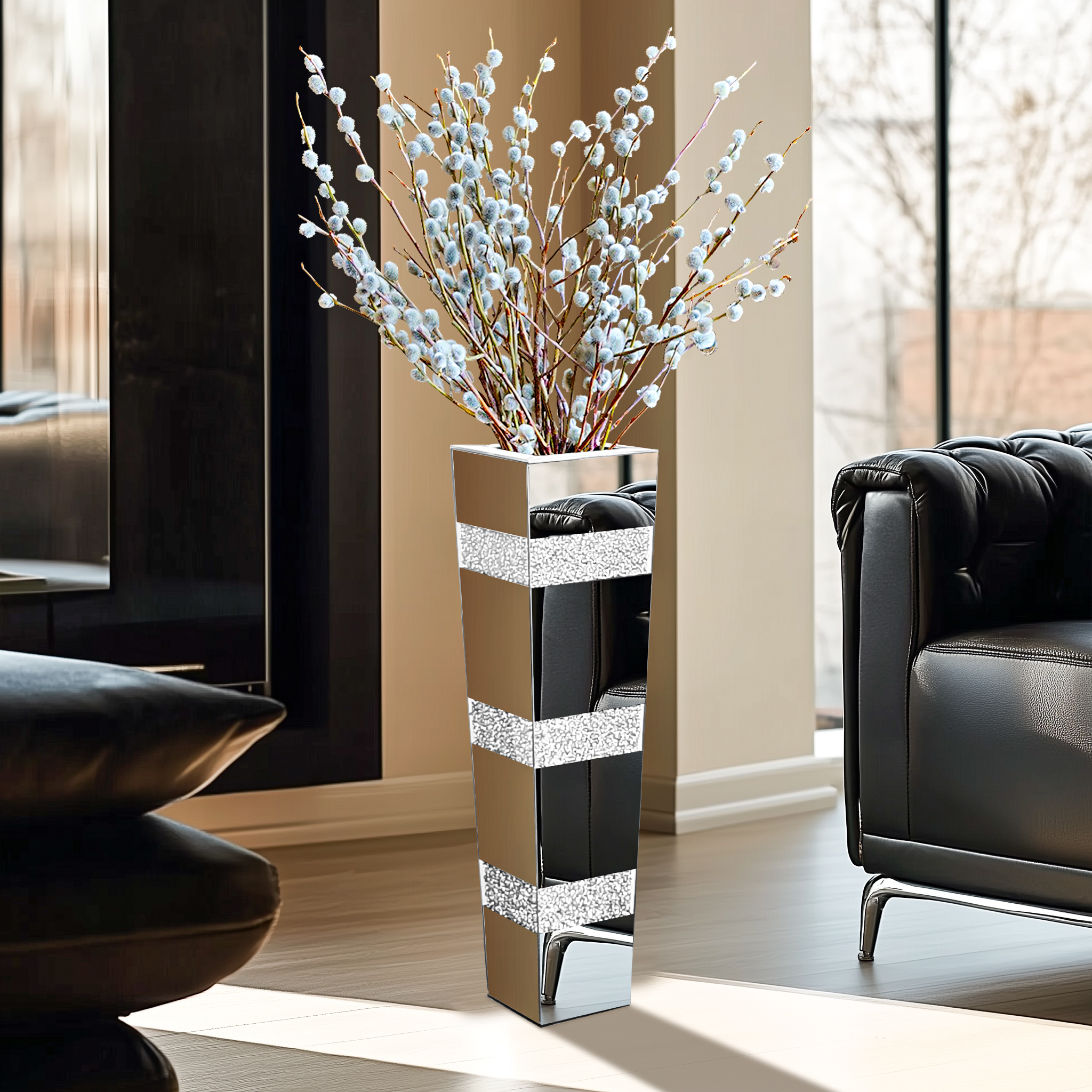 Image of Mirrored Decorative Vase, Crystal Crushed Diamond Dried Flower Vase, Silvery Glass Mirror Organizer Storage Box, Luxury Flower Pot For Bedroom, Living Room, Wedding